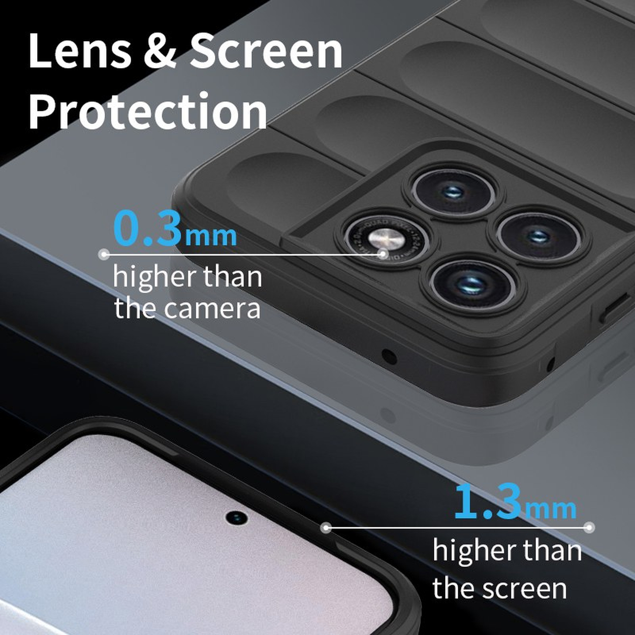 Zwarte telefoonhoes met vier camera's, 0,3mm boven camera, 1,3mm boven scherm.