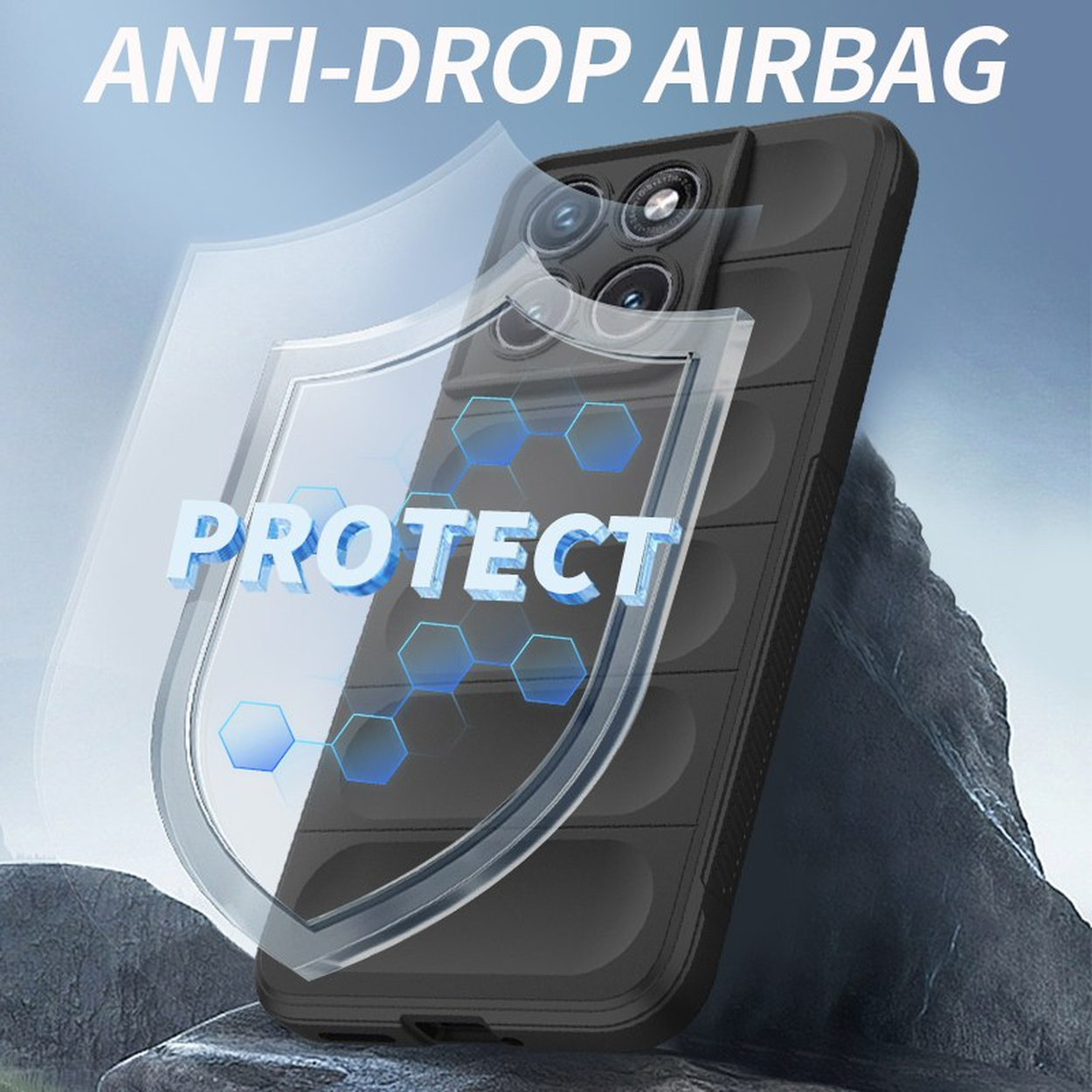 Zwarte telefoonhoes met beschermend schild voor camera en tekst "PROTECT".