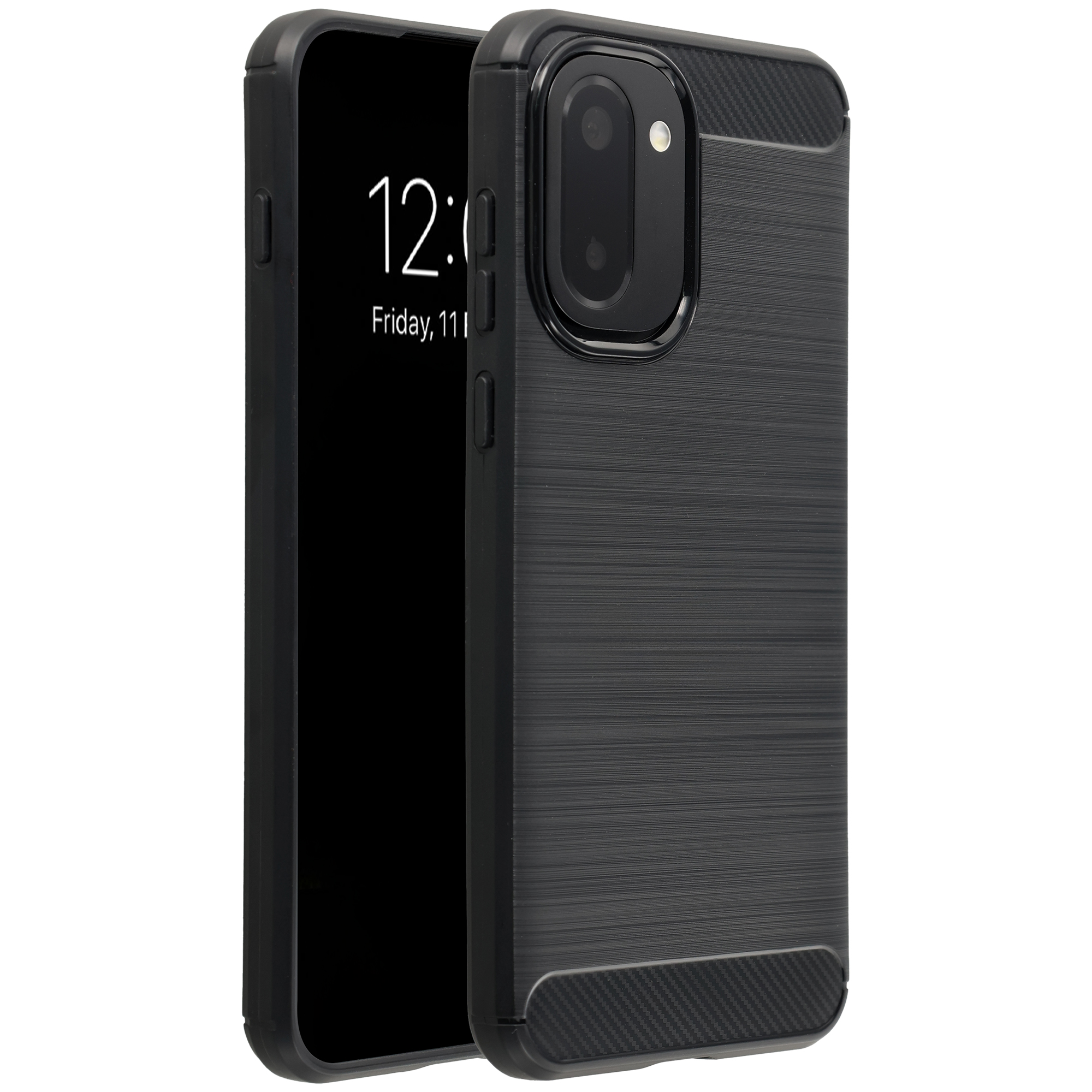 Coque de téléphone noire finition métal brossé et bloc caméra.