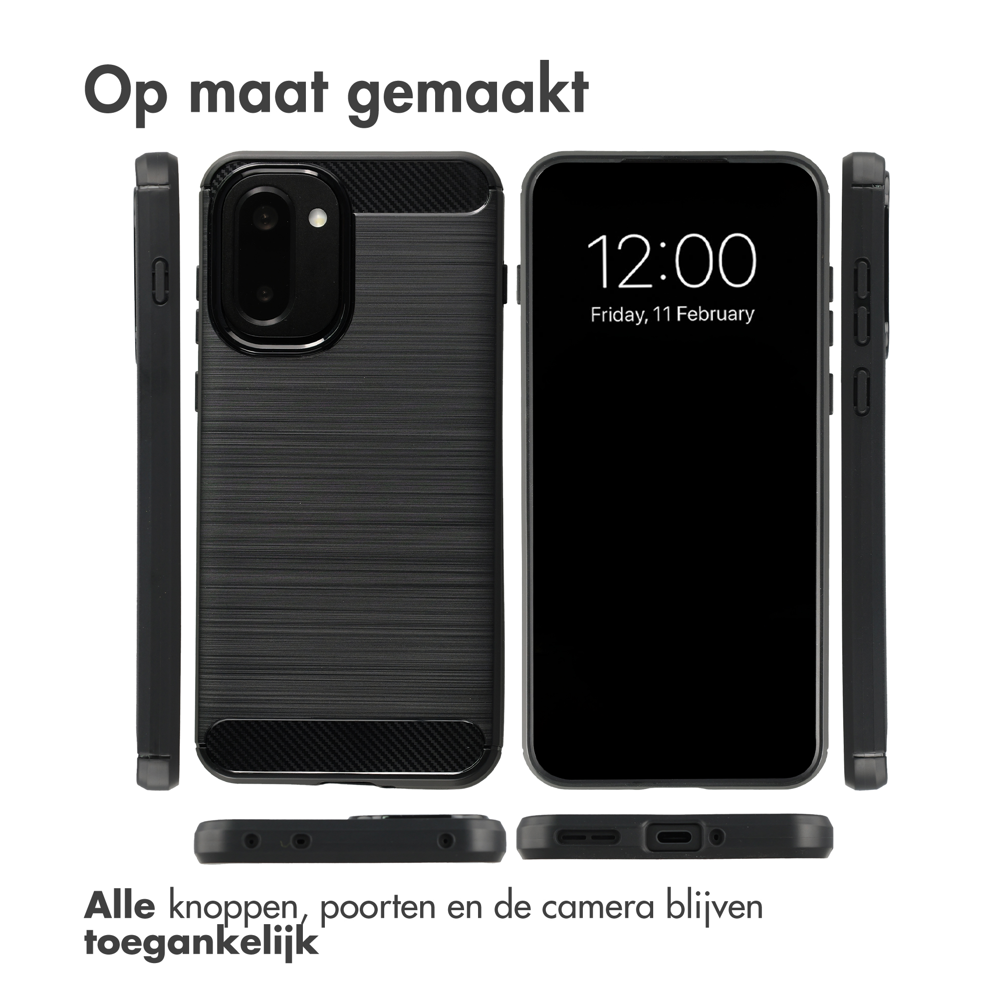 Une coque de téléphone noire montrée sous plusieurs angles, vues de face et de côté.
