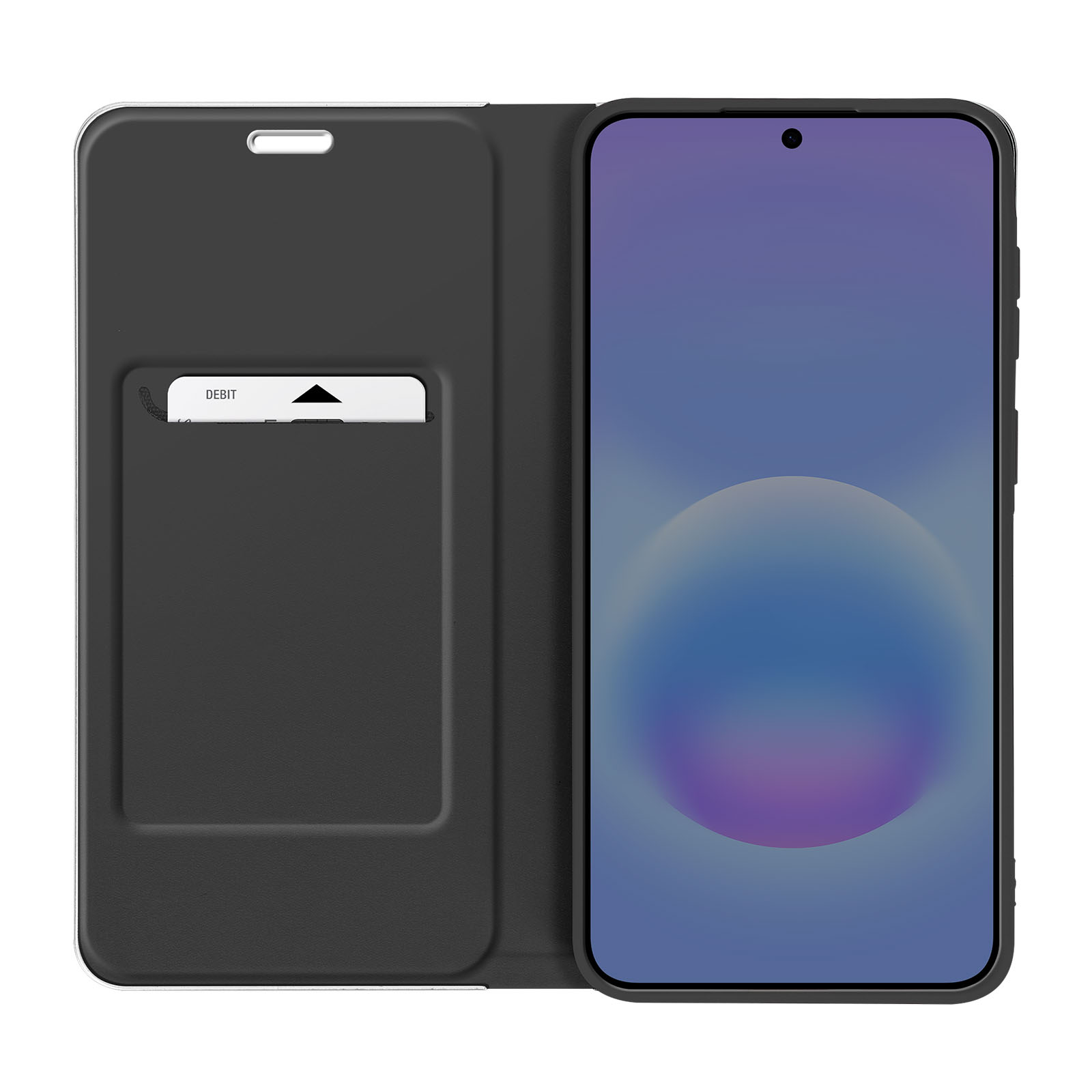 Schwarze Handyhülle mit Kartenfach und Handy mit blauem Hintergrundbild.