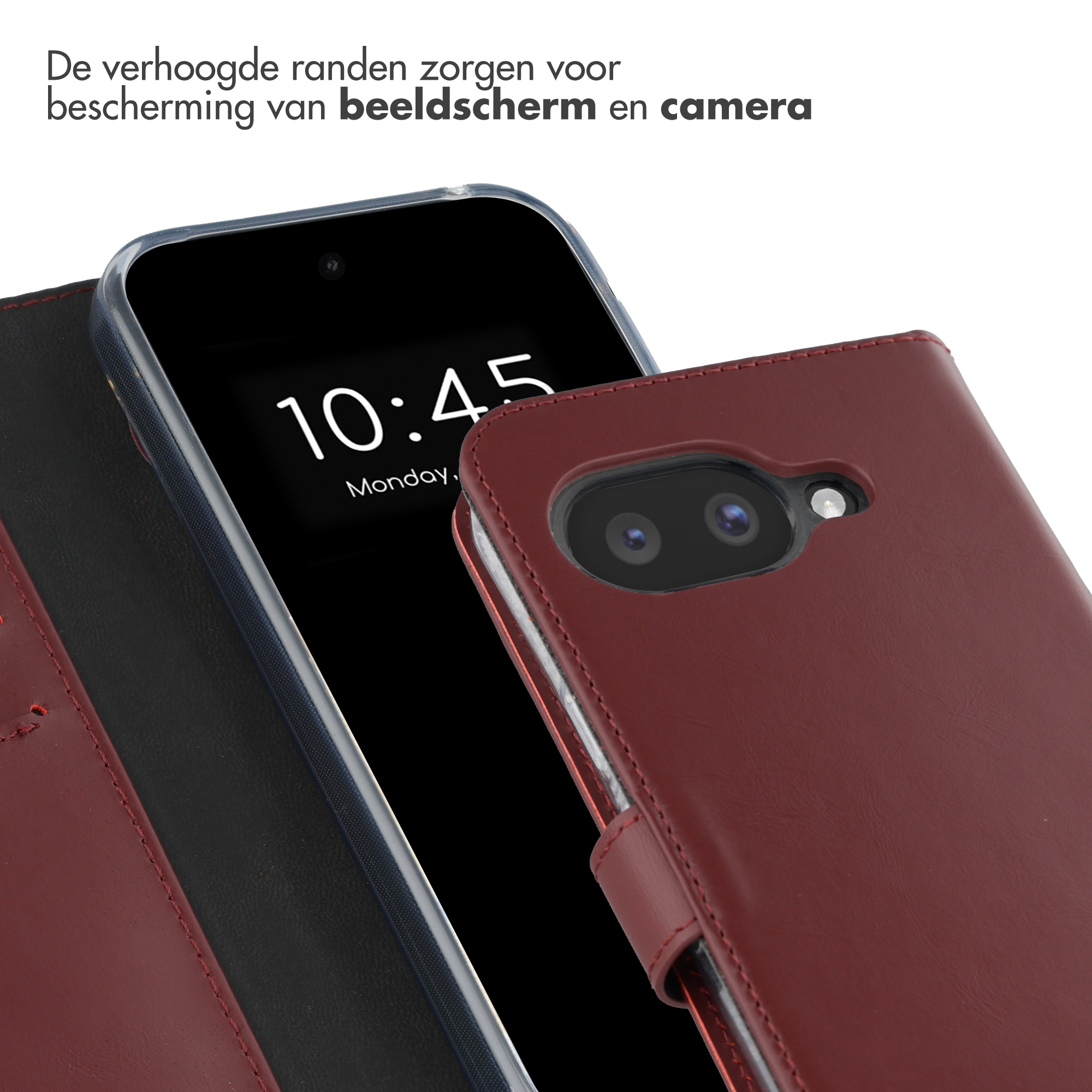Rode lederen boekhoes voor smartphone met zwart scherm dat 10:45 toont.