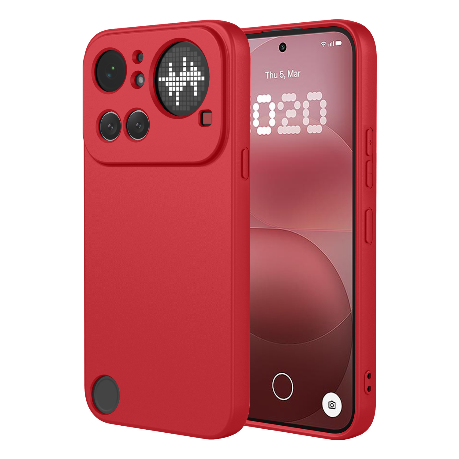 Coque de téléphone rouge avec caméras et écran allumé. Téléphone à gauche, écran à droite.