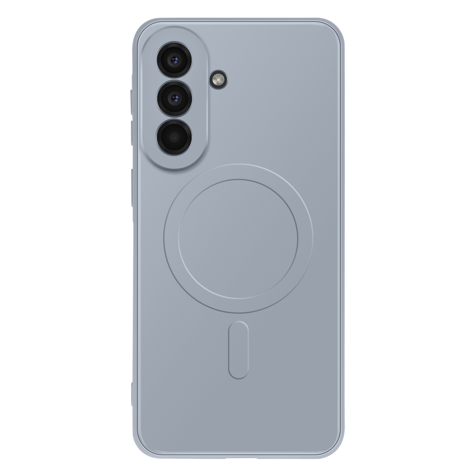 Achterkant van een lichtblauwe smartphone met drie camera's en een cirkelvormig magnetisch gebied.