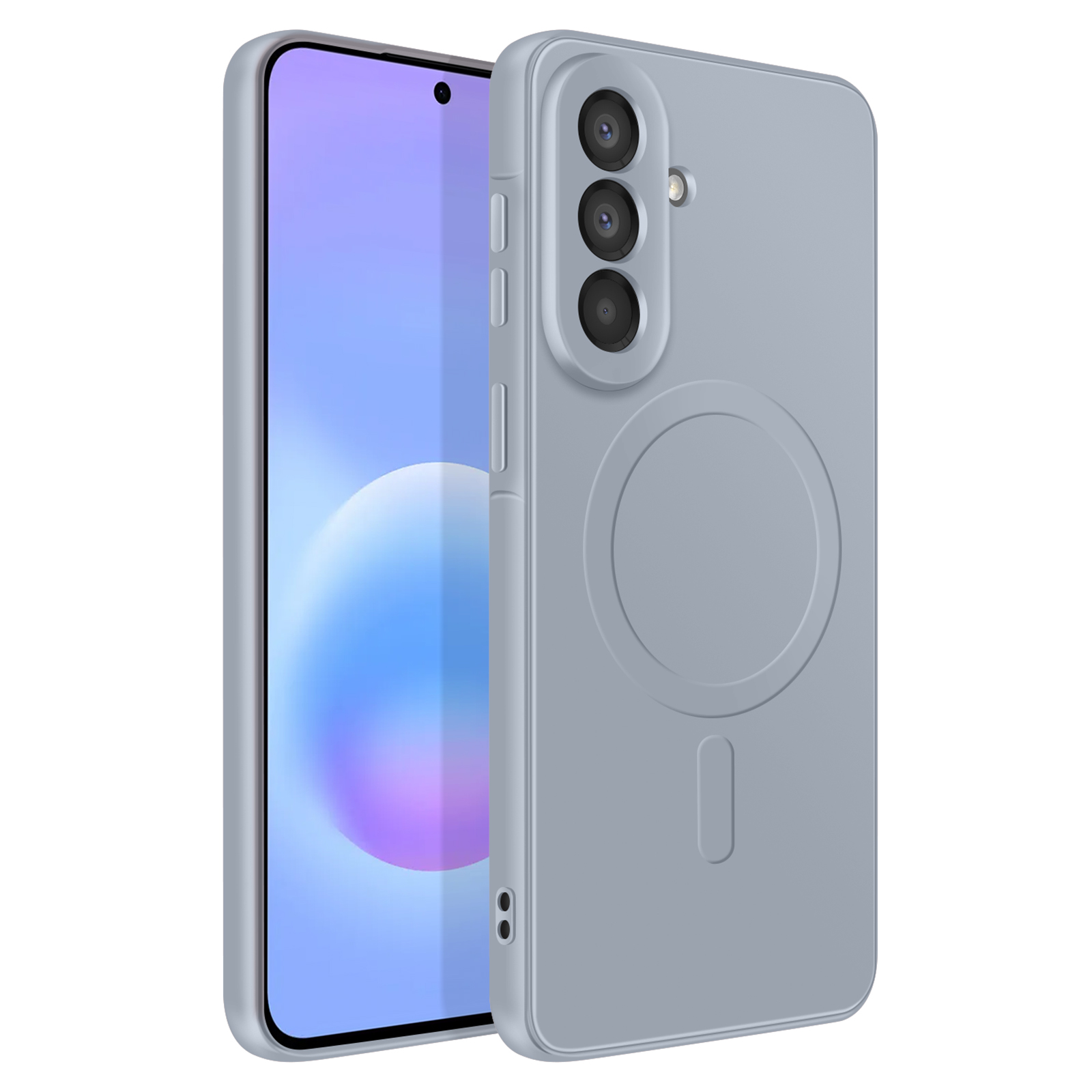Grijze telefoon met drie camera's en een cirkelvormig patroon.