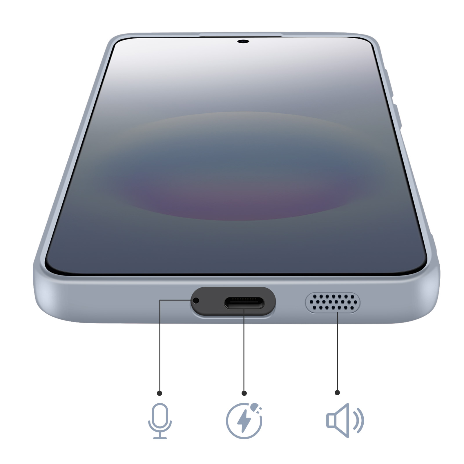 Onderkant smartphone met microfoon, oplaadpoort en luidsprekergrill.