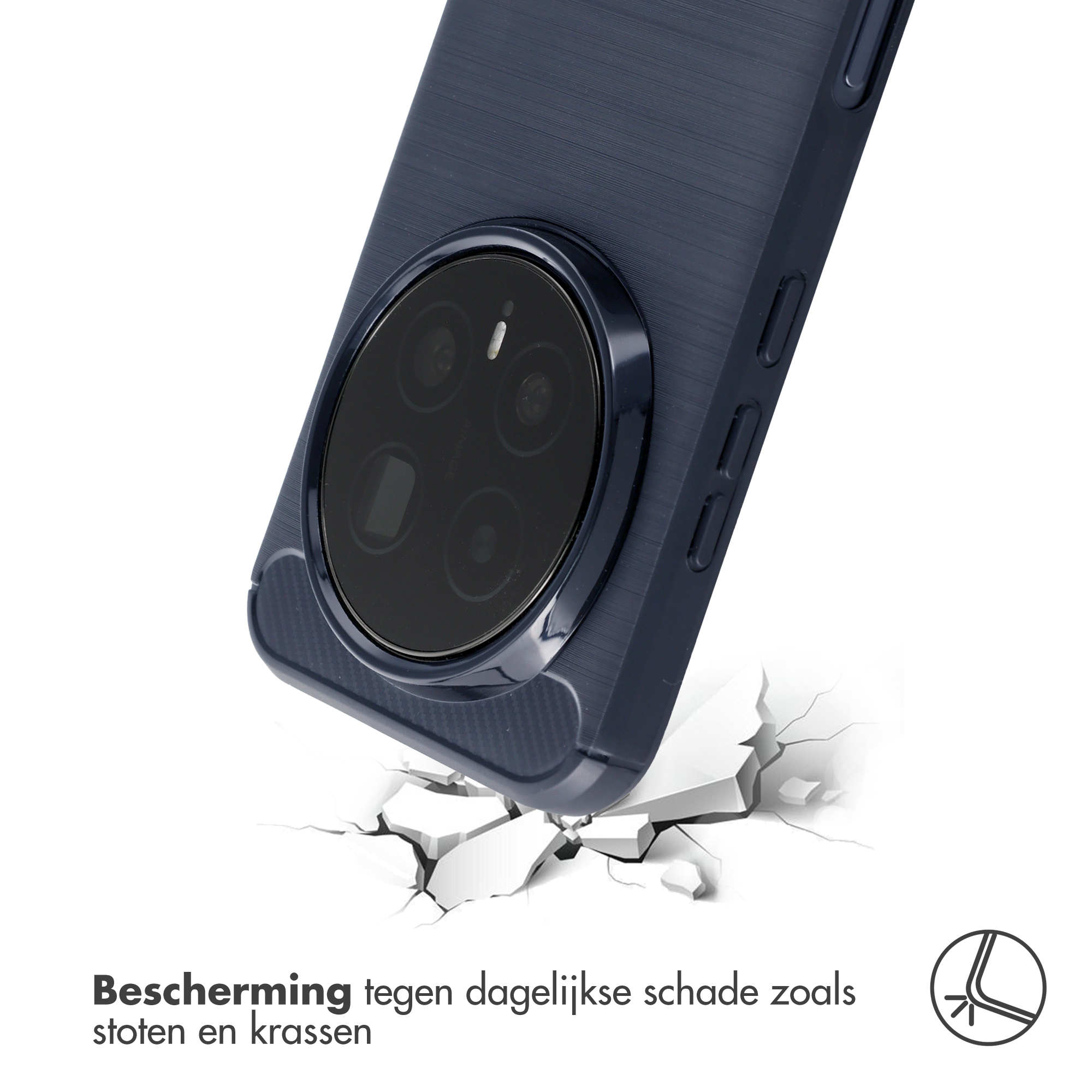 Donkerblauw telefoonhoesje breekt door witte grond.