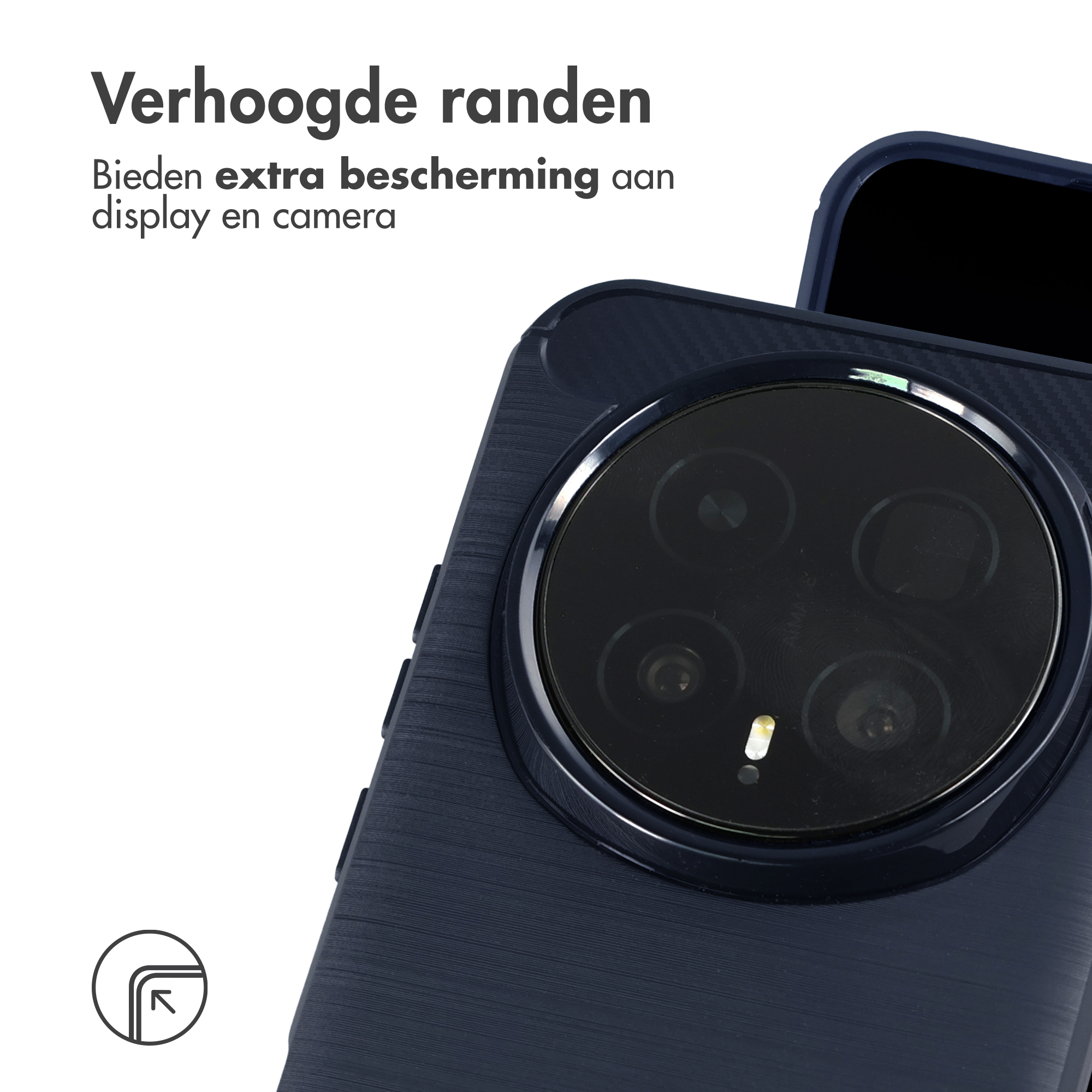 Donkerblauwe telefoonhoes met camerapaniel en verhoogde randen.