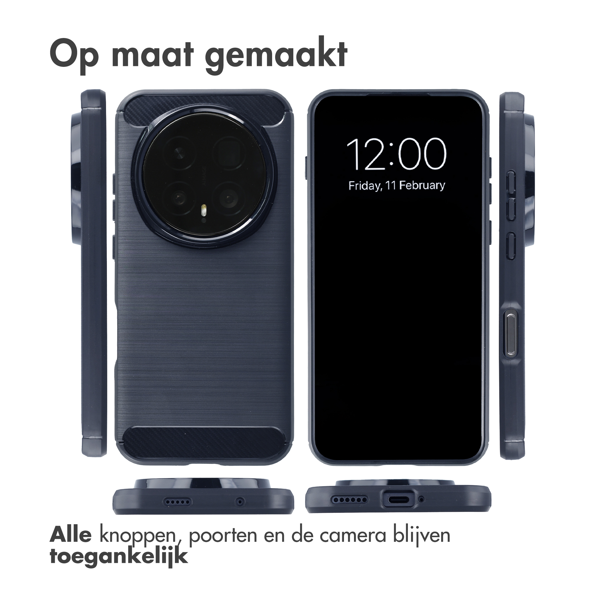 Donkerblauw telefoonhoesje in verschillende aanzichten, met camera-uitsparing en poorten.
