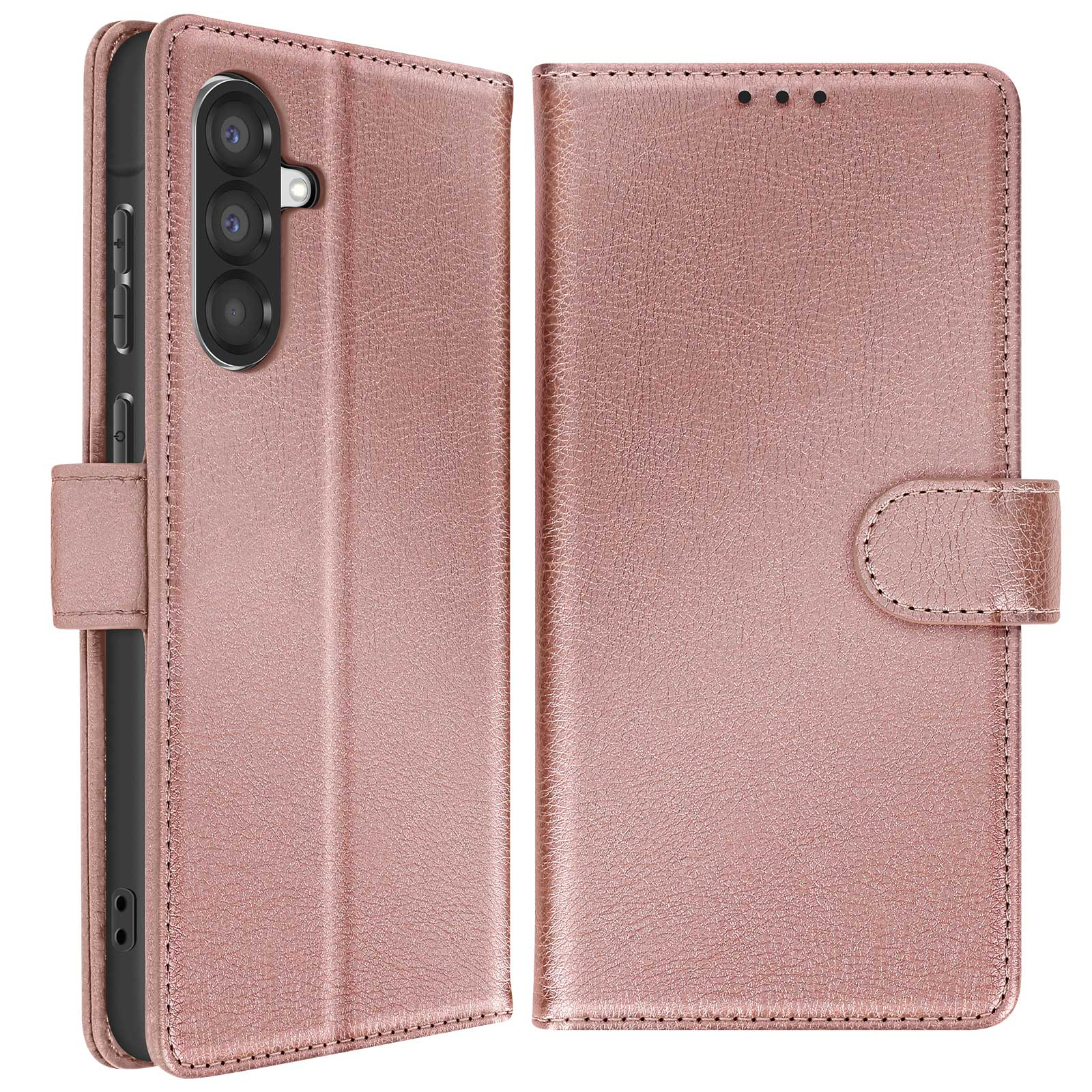 Una funda de teléfono rosa dorado con corte de cámara y cierre a presión.