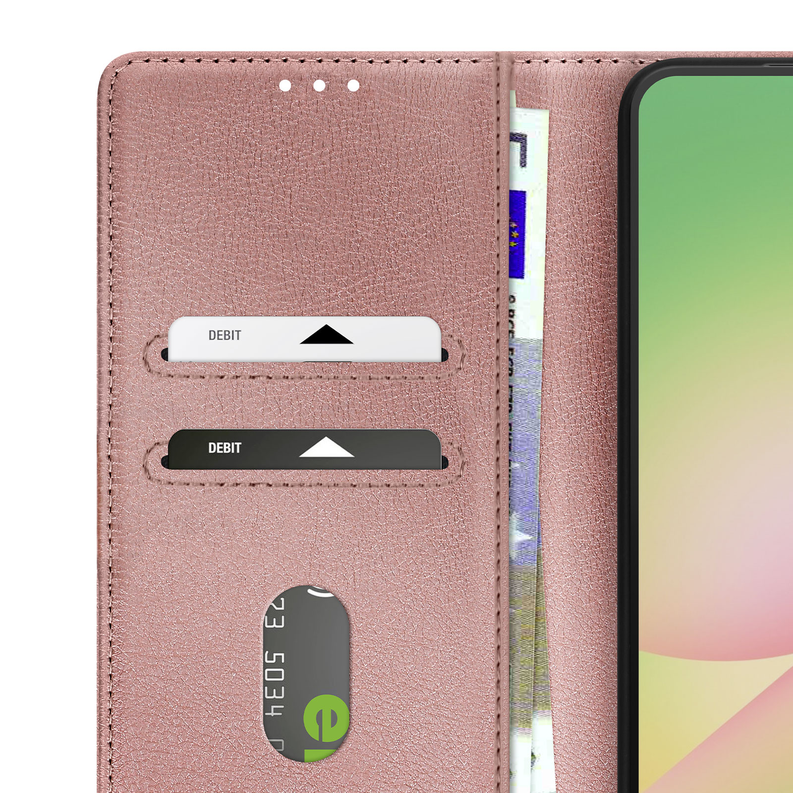 Una funda tipo cartera rosa con dos ranuras para tarjetas y un billete.