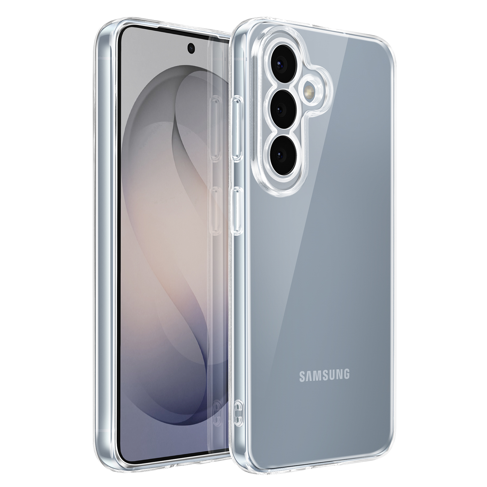 Ein durchsichtiges Handyhülle mit drei Kameras und einem Samsung-Logo.