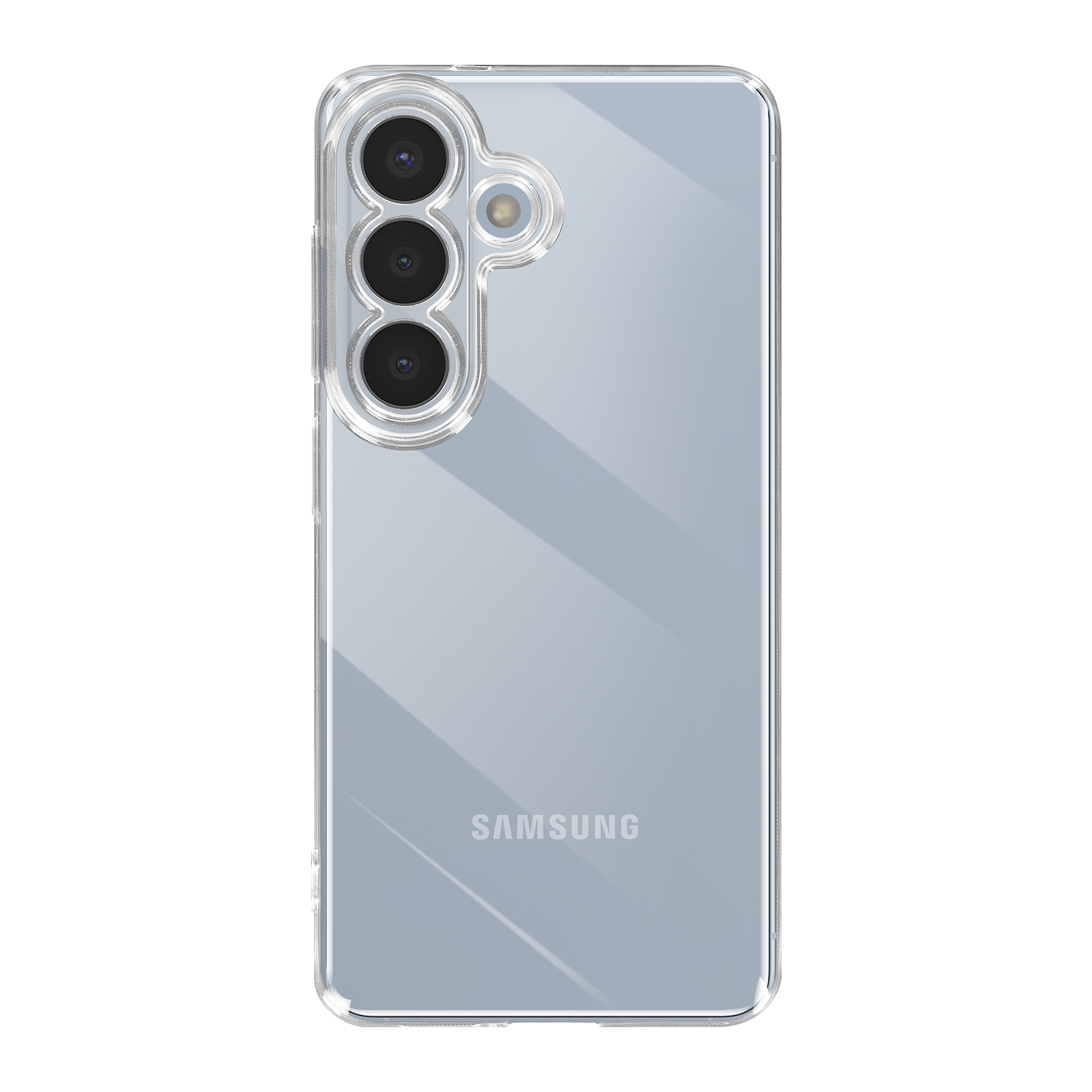 Transparente Hülle mit drei Kameralinsen und Blitz, Samsung-Logo.