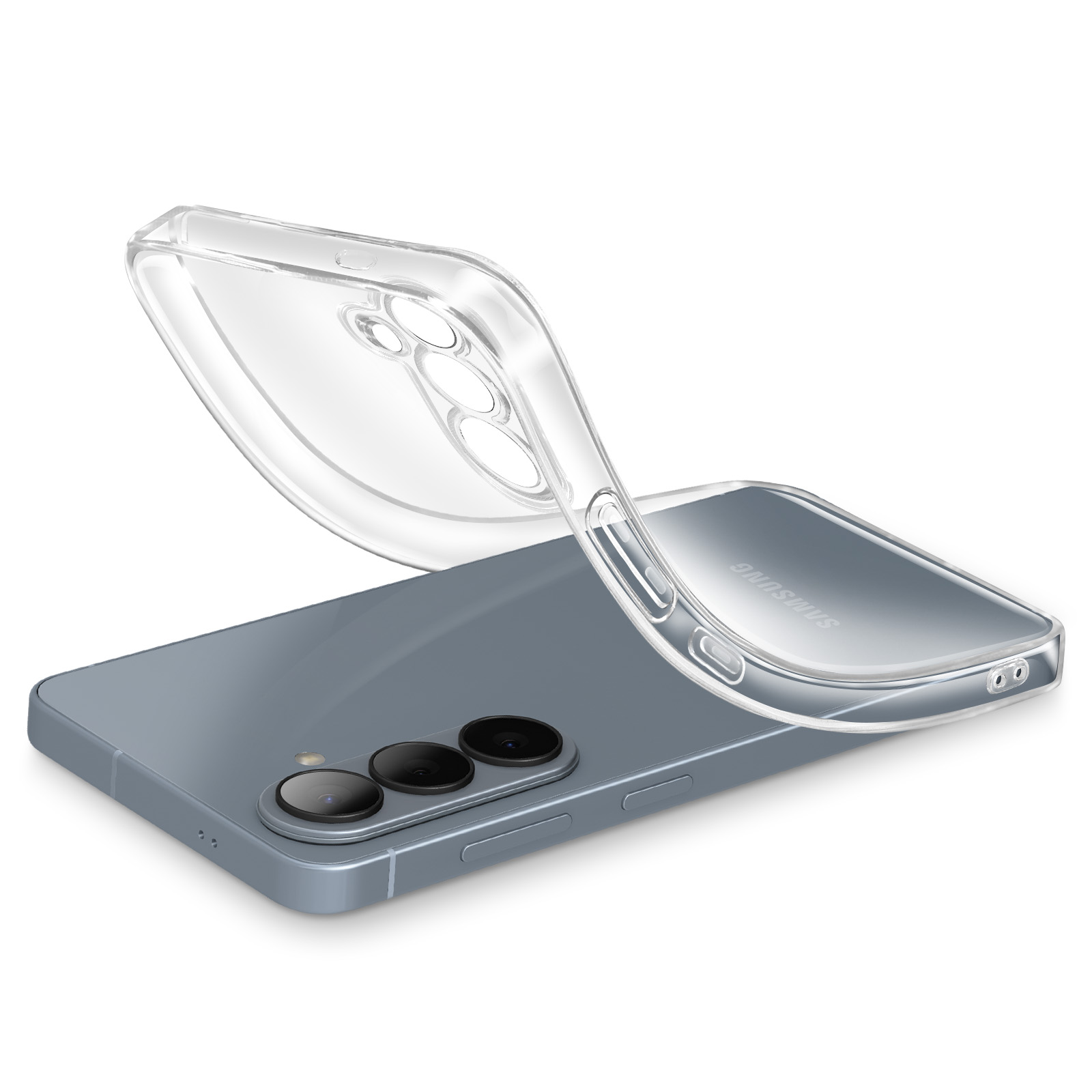 Eine durchsichtige Handyhülle wölbt sich über ein graues Samsung-Handy mit drei Kameras.