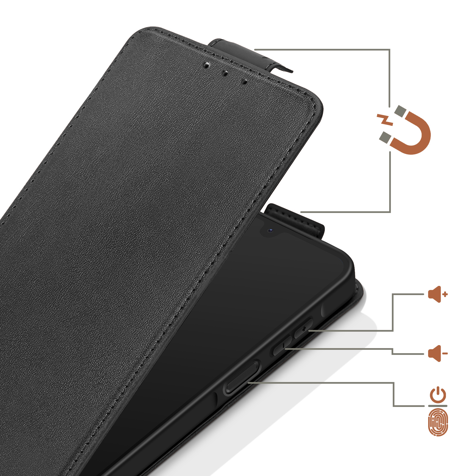 Schwarzes Handy mit offenem Lederetui. Magnet- und Lautstärkesymbol.