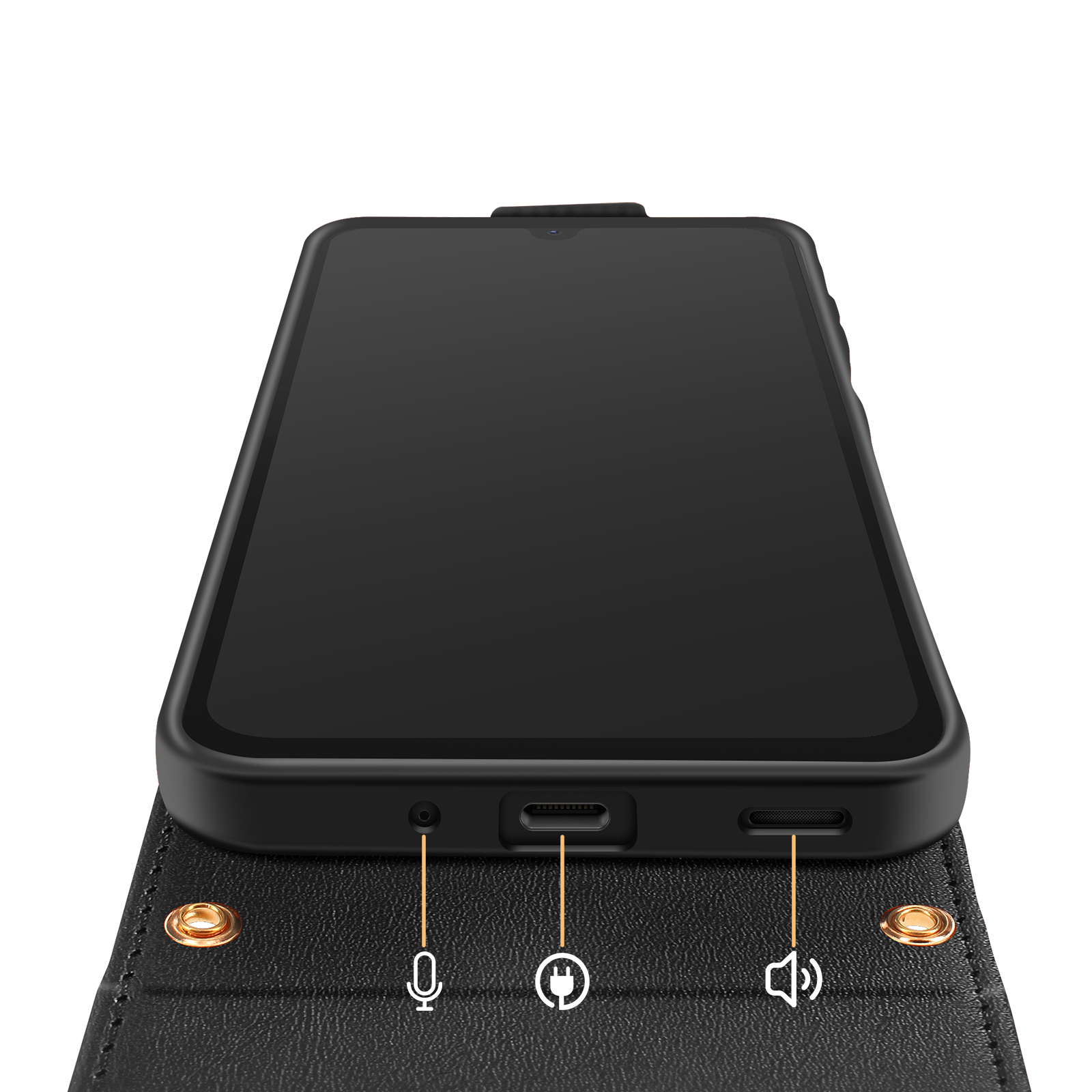 Schwarzes Smartphone mit Mikrofon-, Lade- und Lautsprechersymbolen.