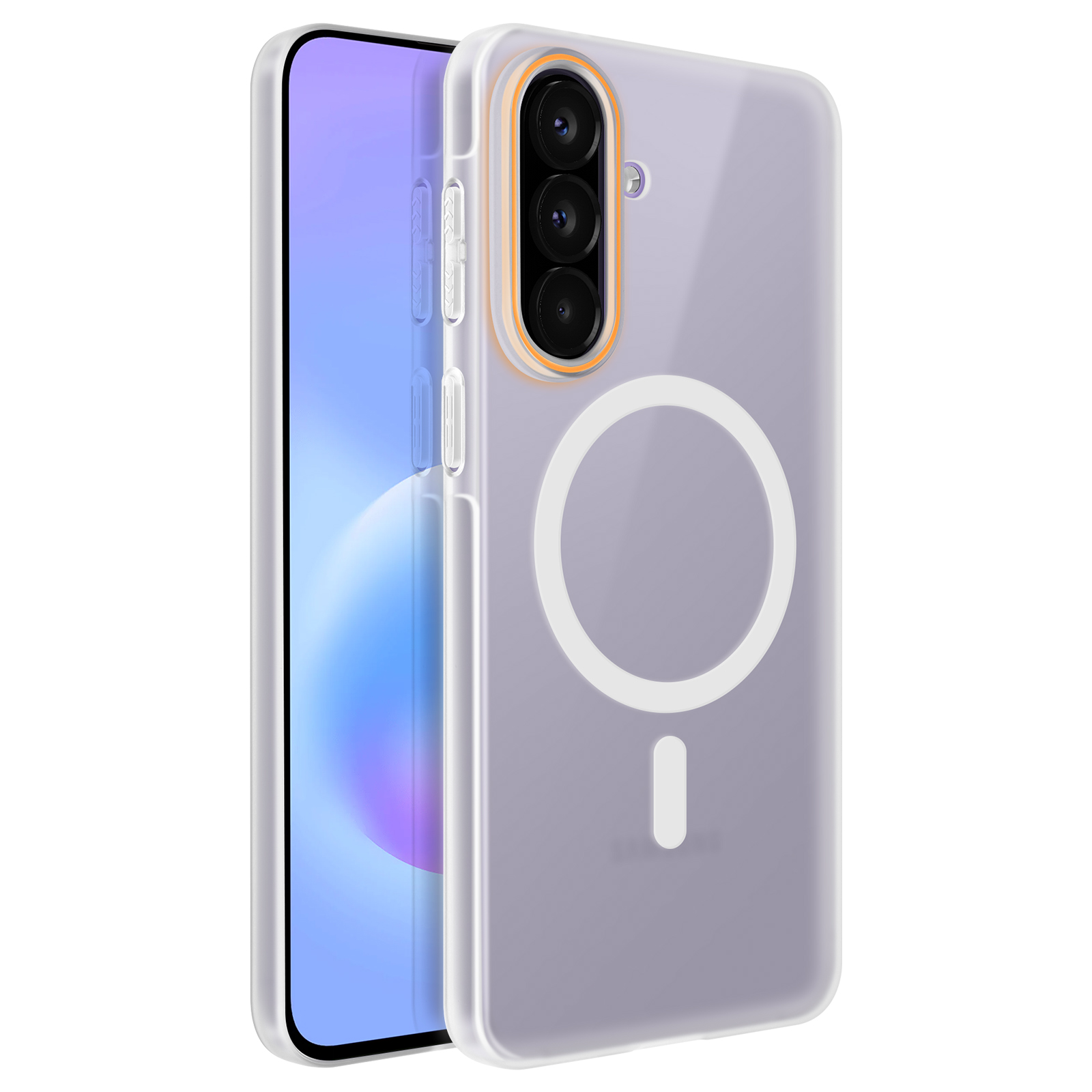 Ein lilafarbenes Handy mit durchsichtiger Hülle und magnetischem Ring