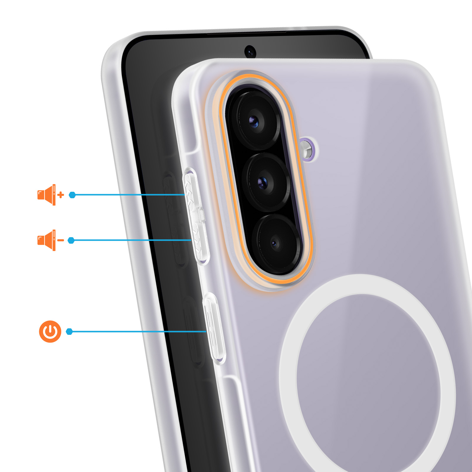 Ein Smartphone mit durchsichtigem Gehäuse, Kamera und Tasten.