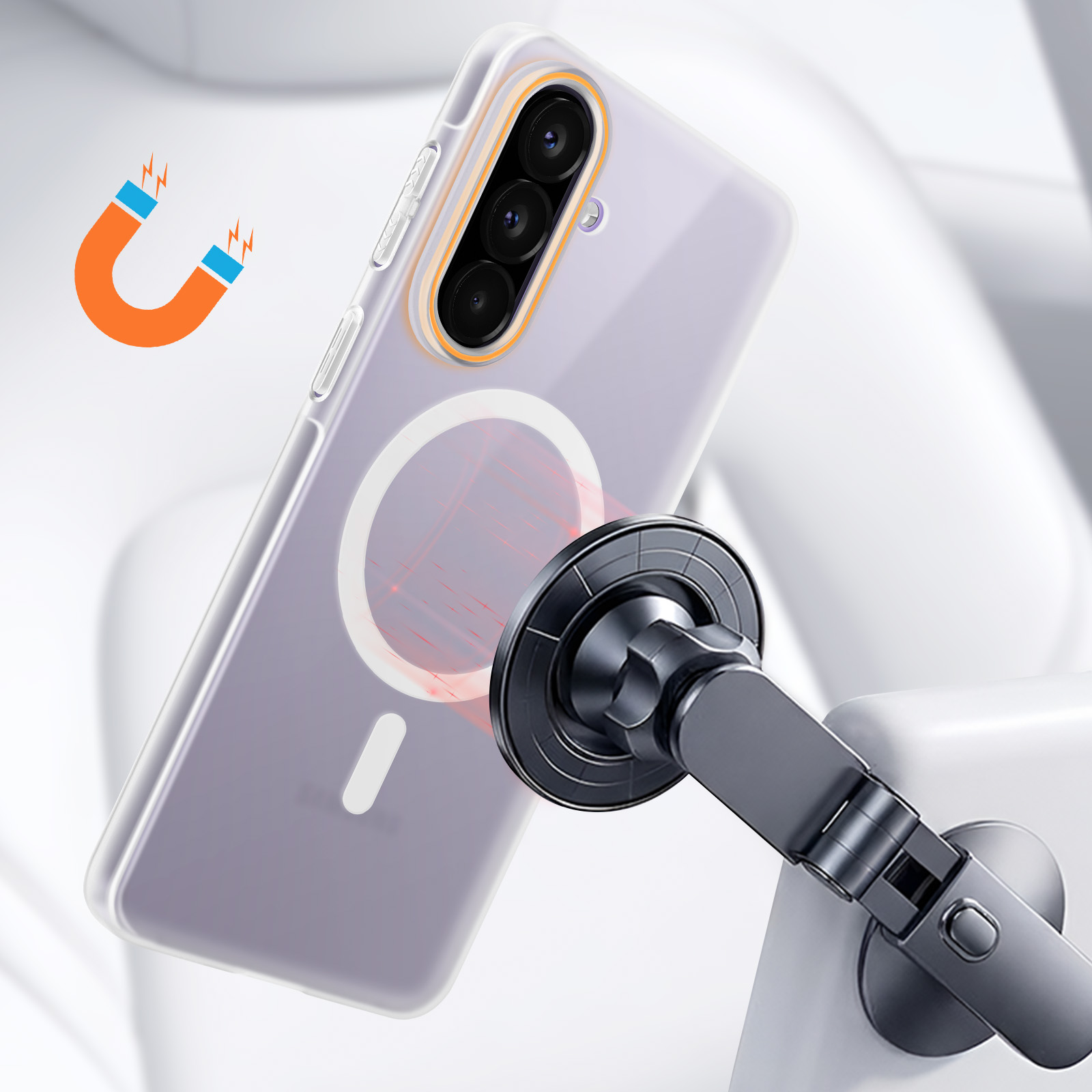 Ein durchsichtiges Handy mit Magnetring wird von einem Halter gehalten. Ein Hufeisenmagnet ist daneben.
