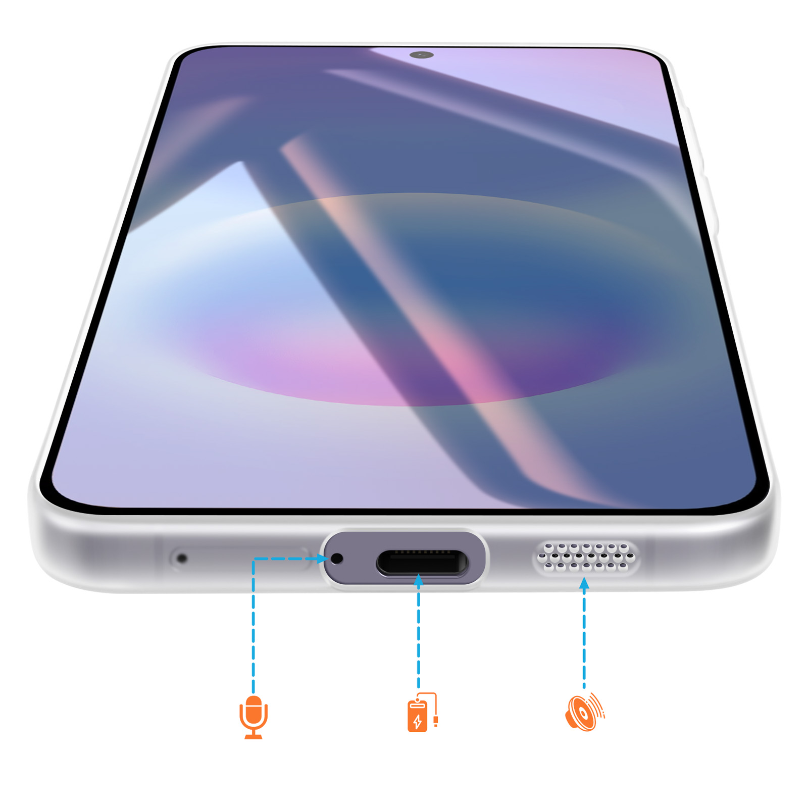 Silbernes Smartphone, Unteransicht: USB-C-Anschluss, Mikrofon, Lautsprechergitter. Bildschirm zeigt abstrakte Farben.