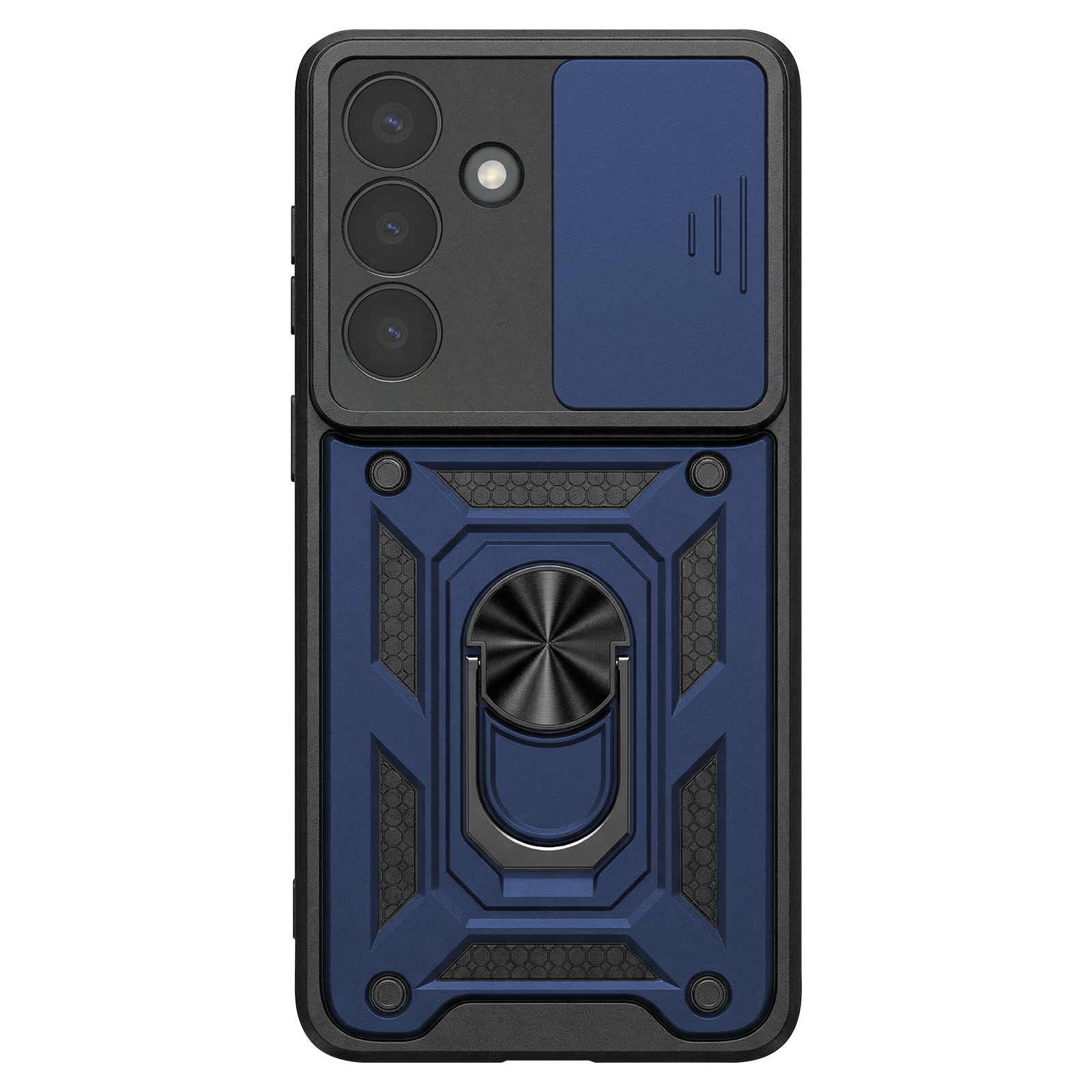 Coque de téléphone bleu foncé avec trois caméras et un support anneau.
