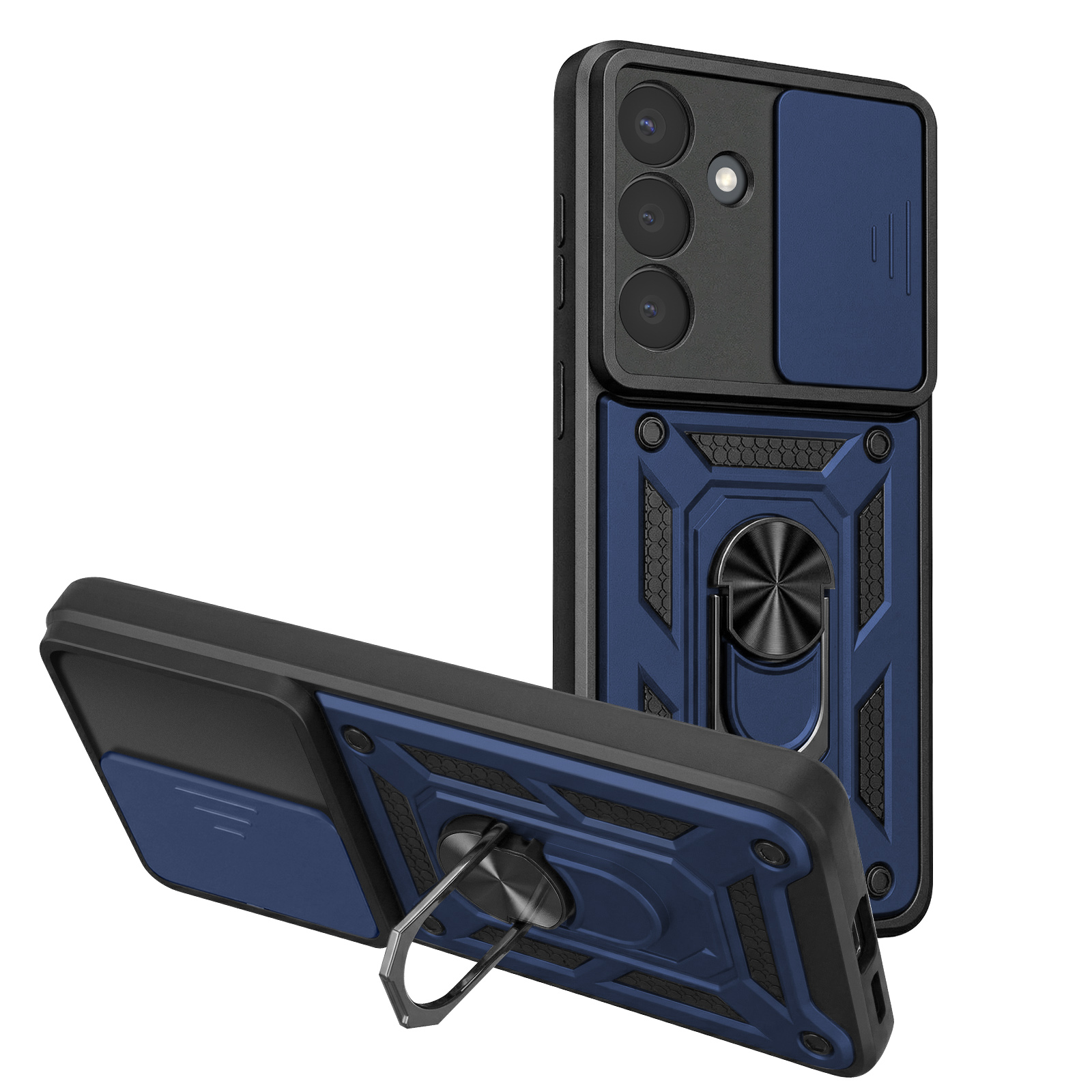 Deux coques de téléphone bleues avec support anneau et cache-caméra sur fond blanc.