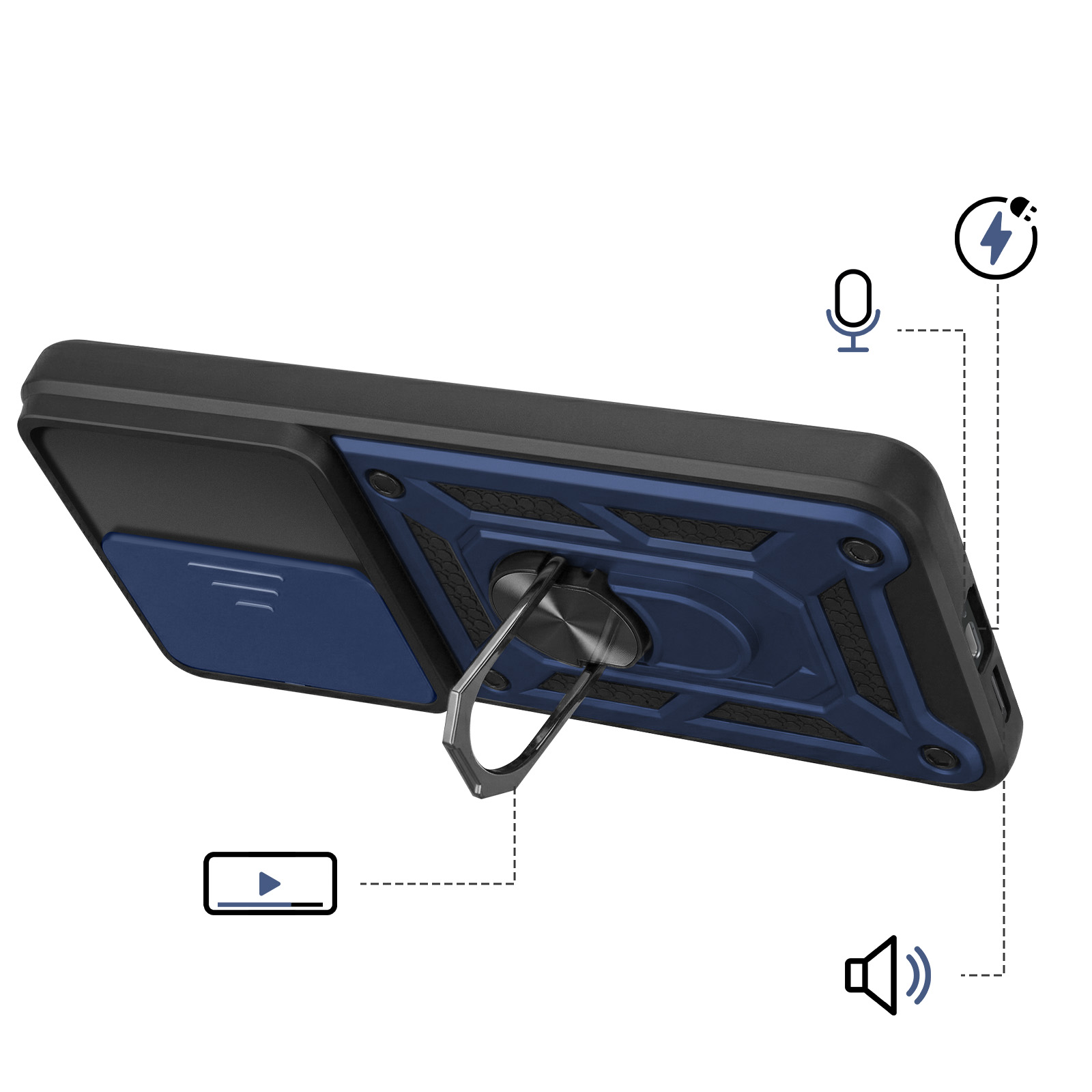 Coque de téléphone noire et bleue avec support anneau et icônes micro, vidéo et son.