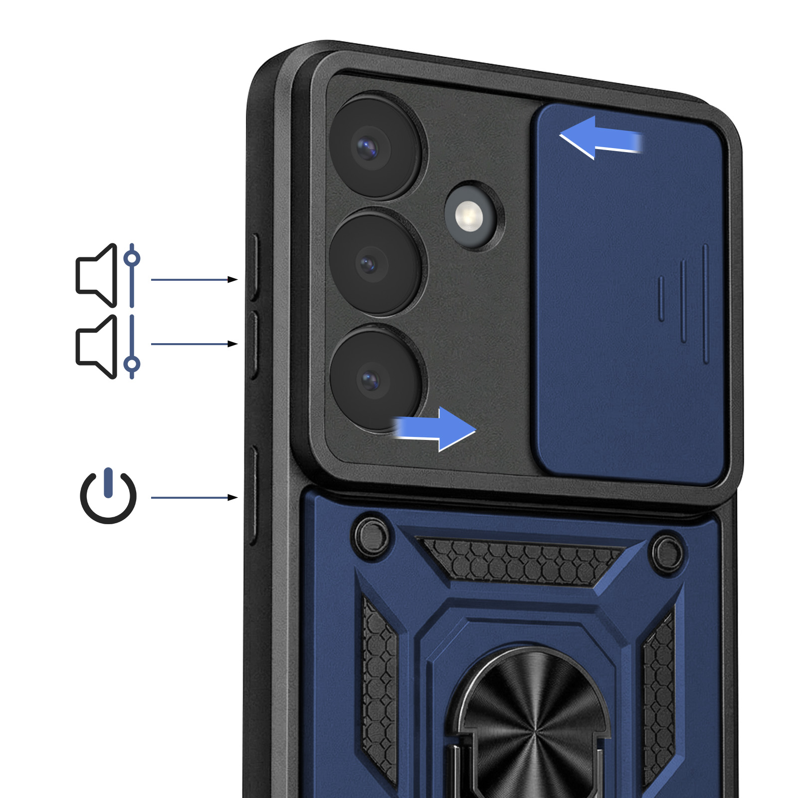 Coque de téléphone noire avec accents bleus, bloc caméra et support anneau.