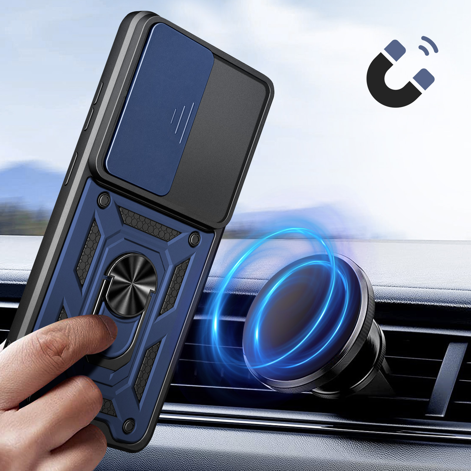 Coque de téléphone bleue avec support bague et aimant sur aérateur voiture