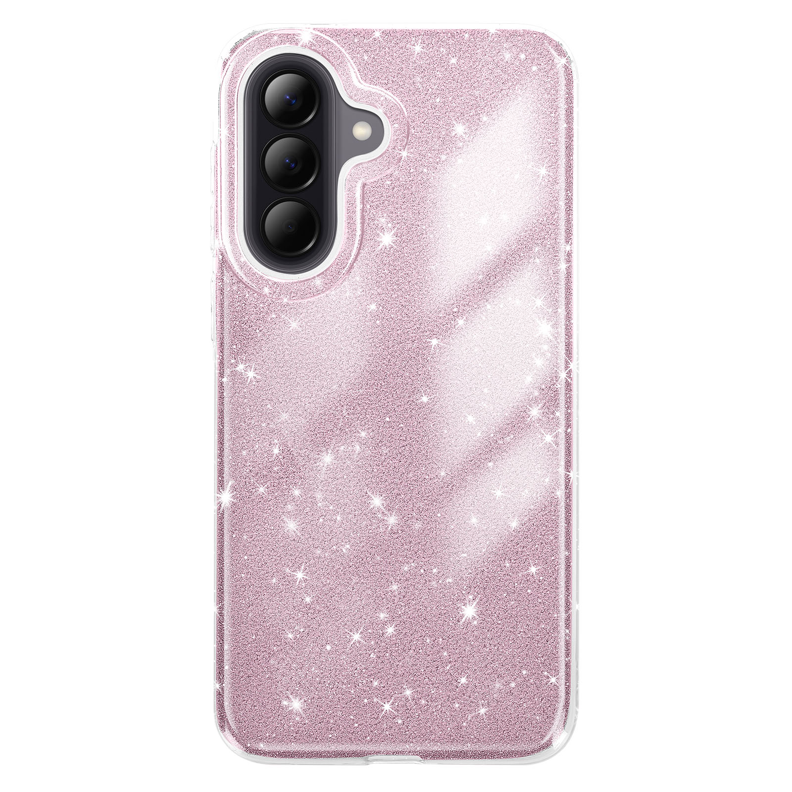 Een roze glitter telefoonhoesje met drie cameralenzen.