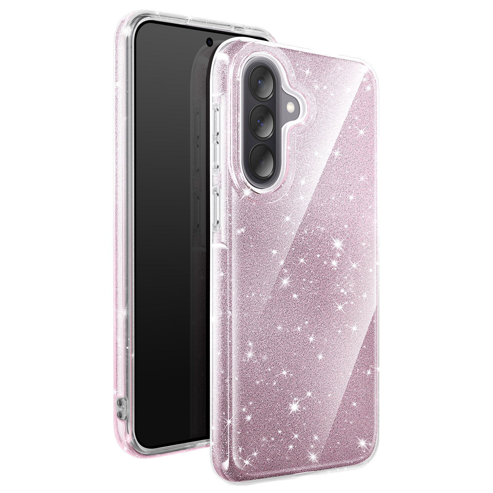 Een roze glitter telefoonhoesje met drie camera's aan de achterkant en een zwart scherm.