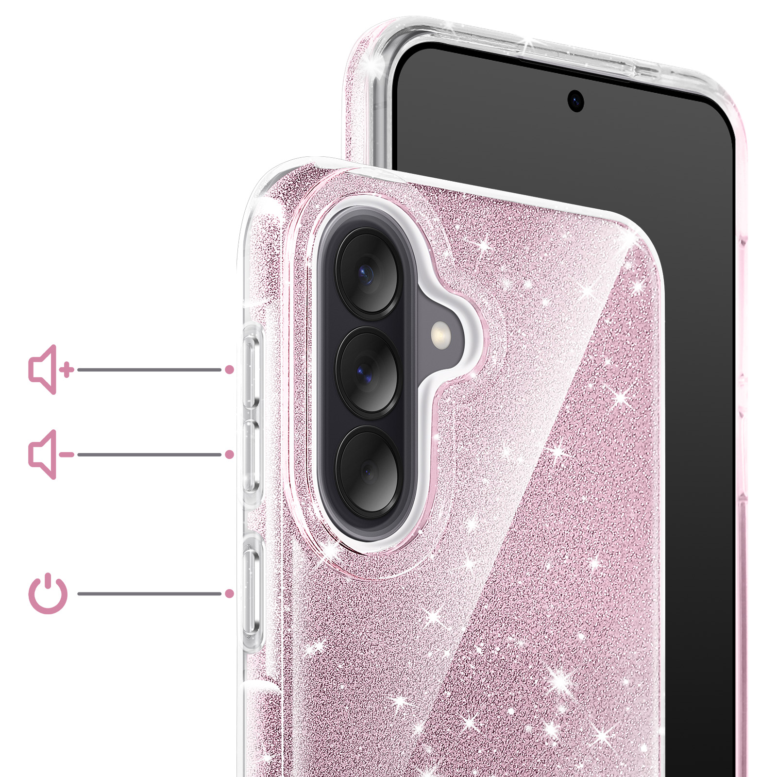 Doorzichtige telefoonhoes met roze glitter, met drie camera's.
