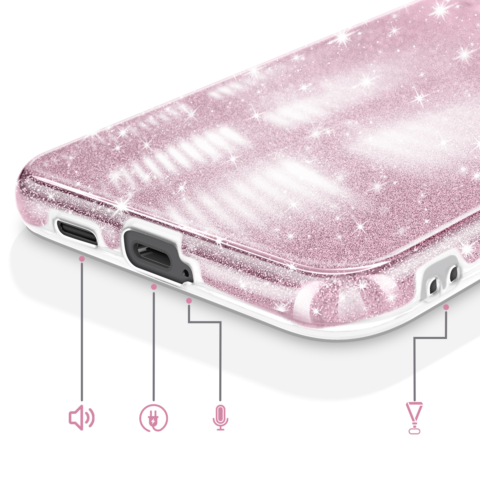Roze glitter telefoonhoes met poorten en pictogrammen voor volume, opladen, microfoon en luidspreker.