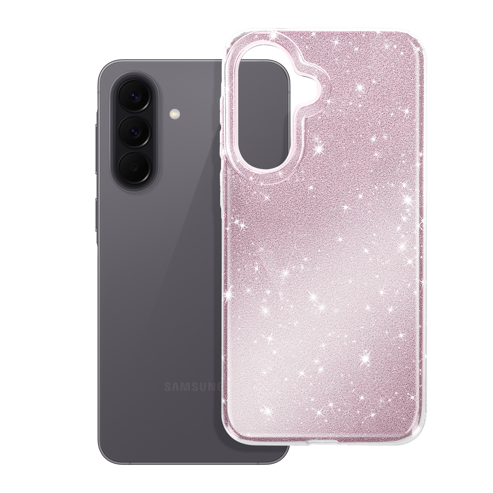Een grijze smartphone met drie camera's naast een roze glitter telefoonhoesje.