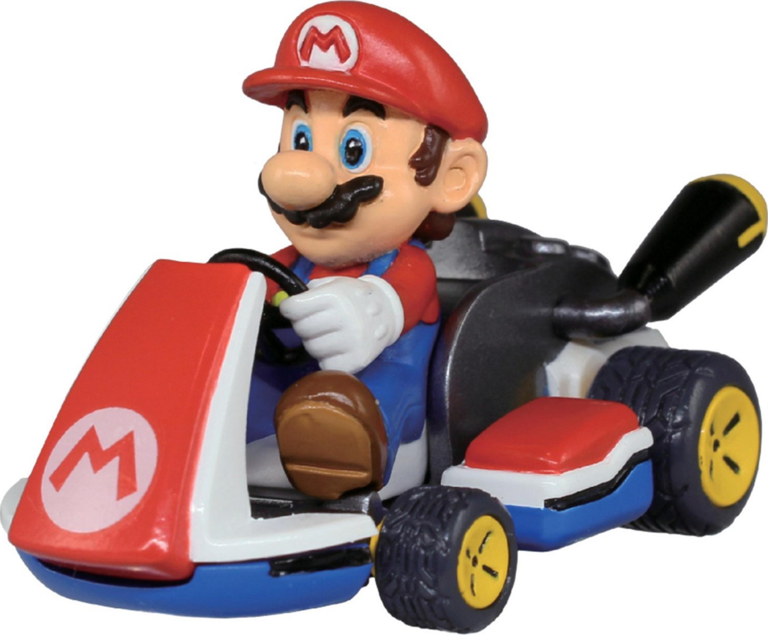 Mario en su go-kart rojo y azul con el logo M al frente está conduciendo.