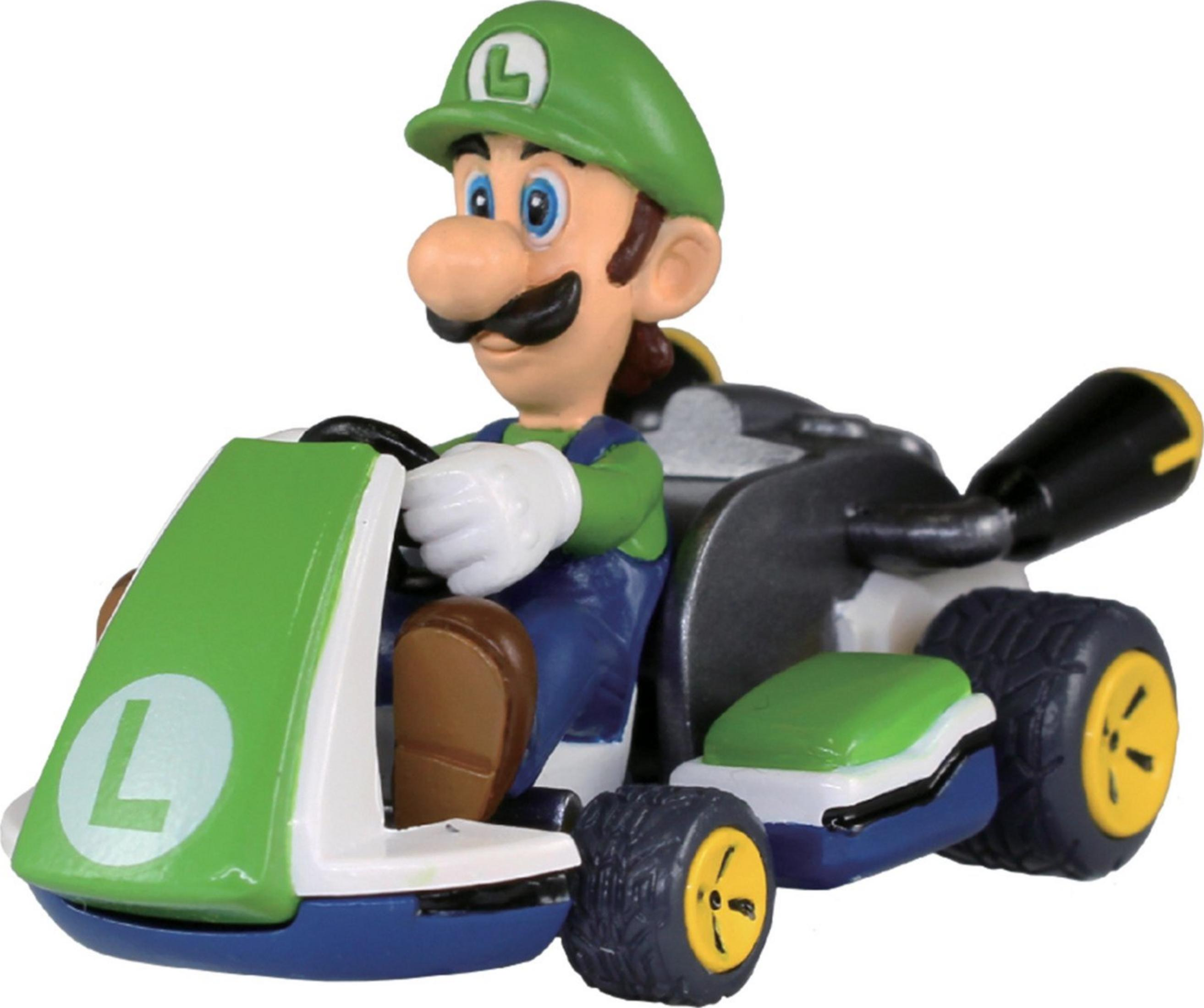 Luigi conduce un go-kart verde y azul con ruedas amarillas.
