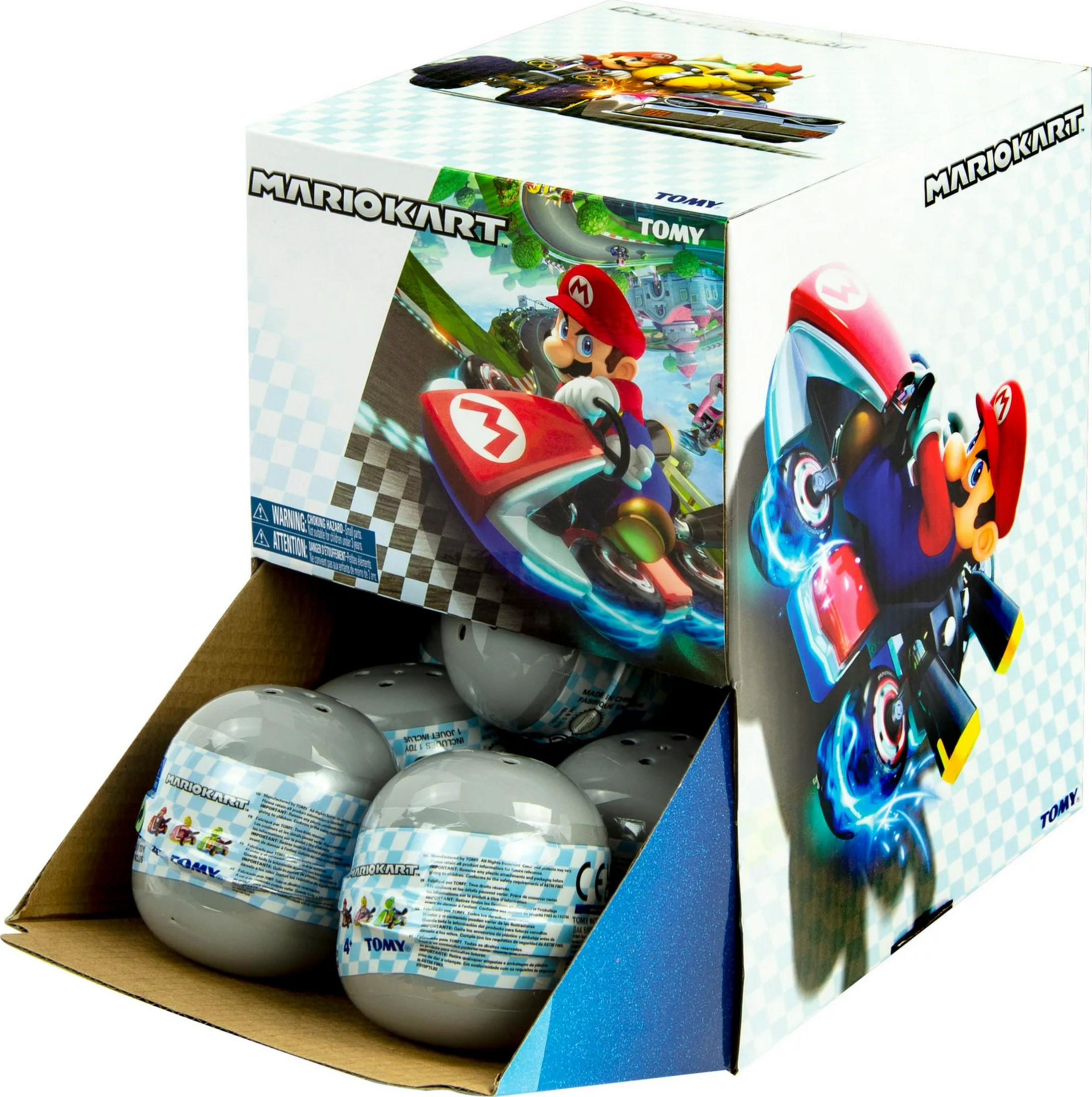 Caja de juguetes Mario Kart con Mario y muchos huevos sorpresa redondos.