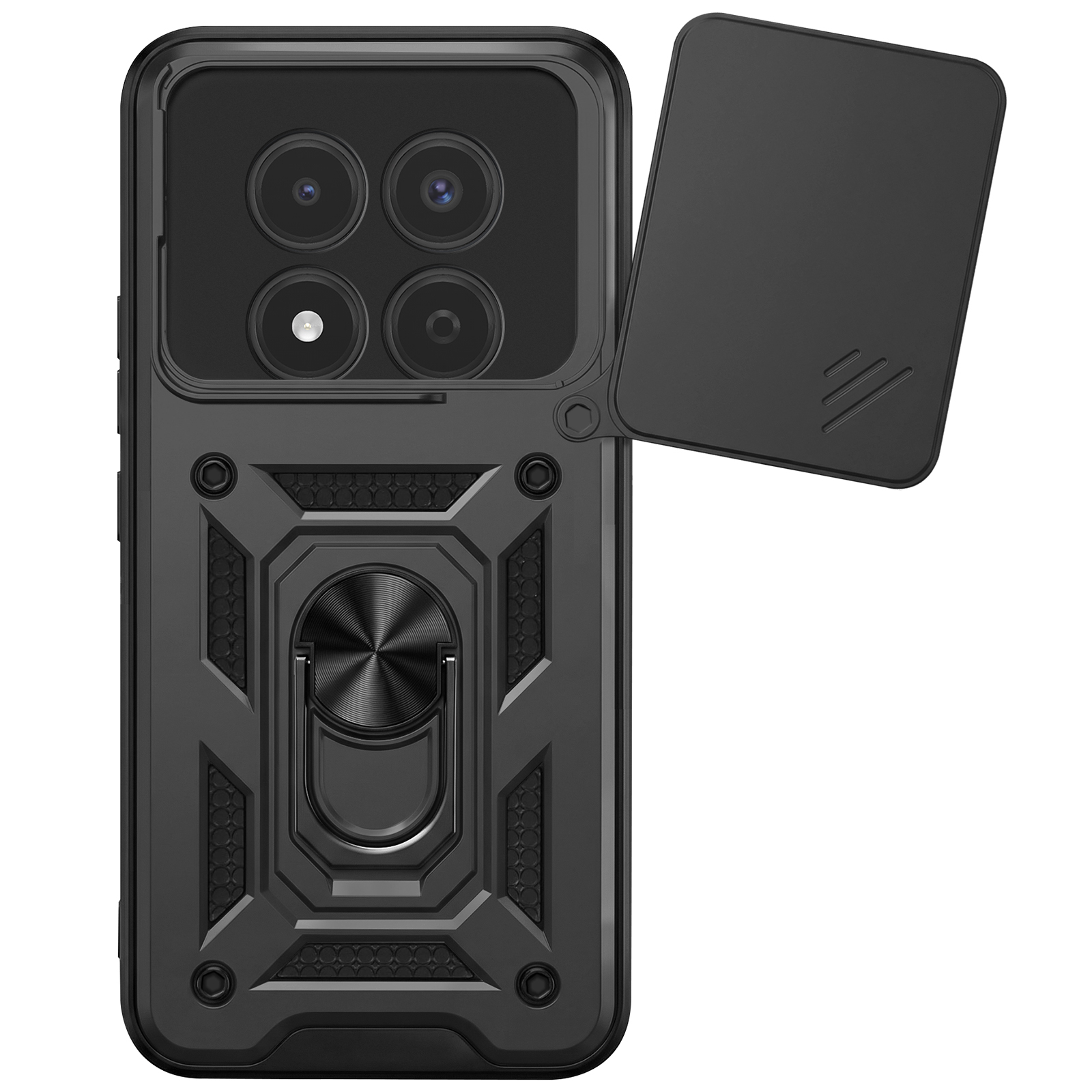 Coque de téléphone noire avec quatre caméras, support anneau et cache coulissant.