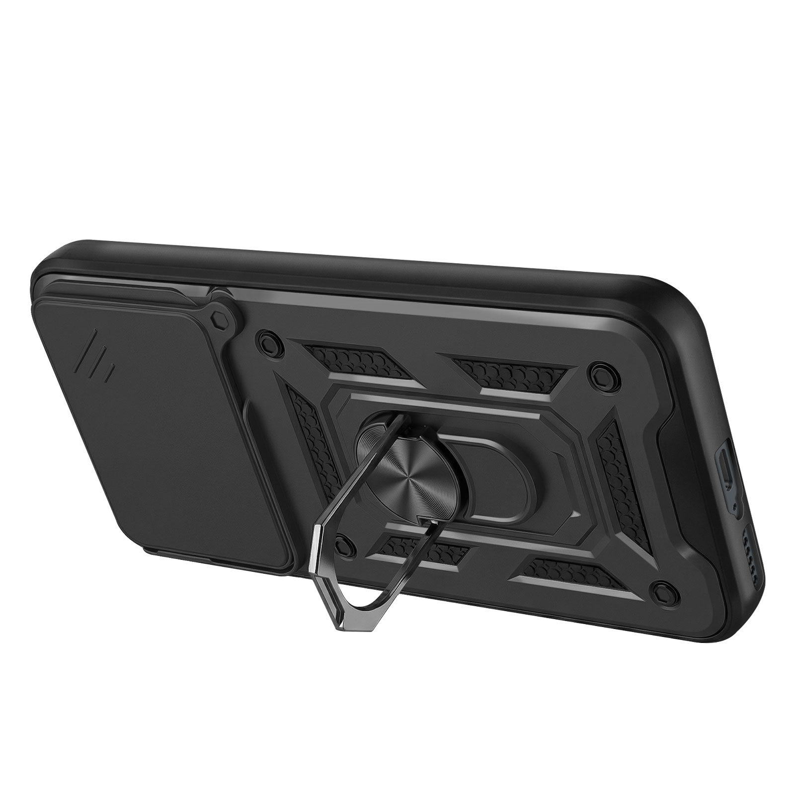 Coque de téléphone noire avec support anneau et cache coulissant.