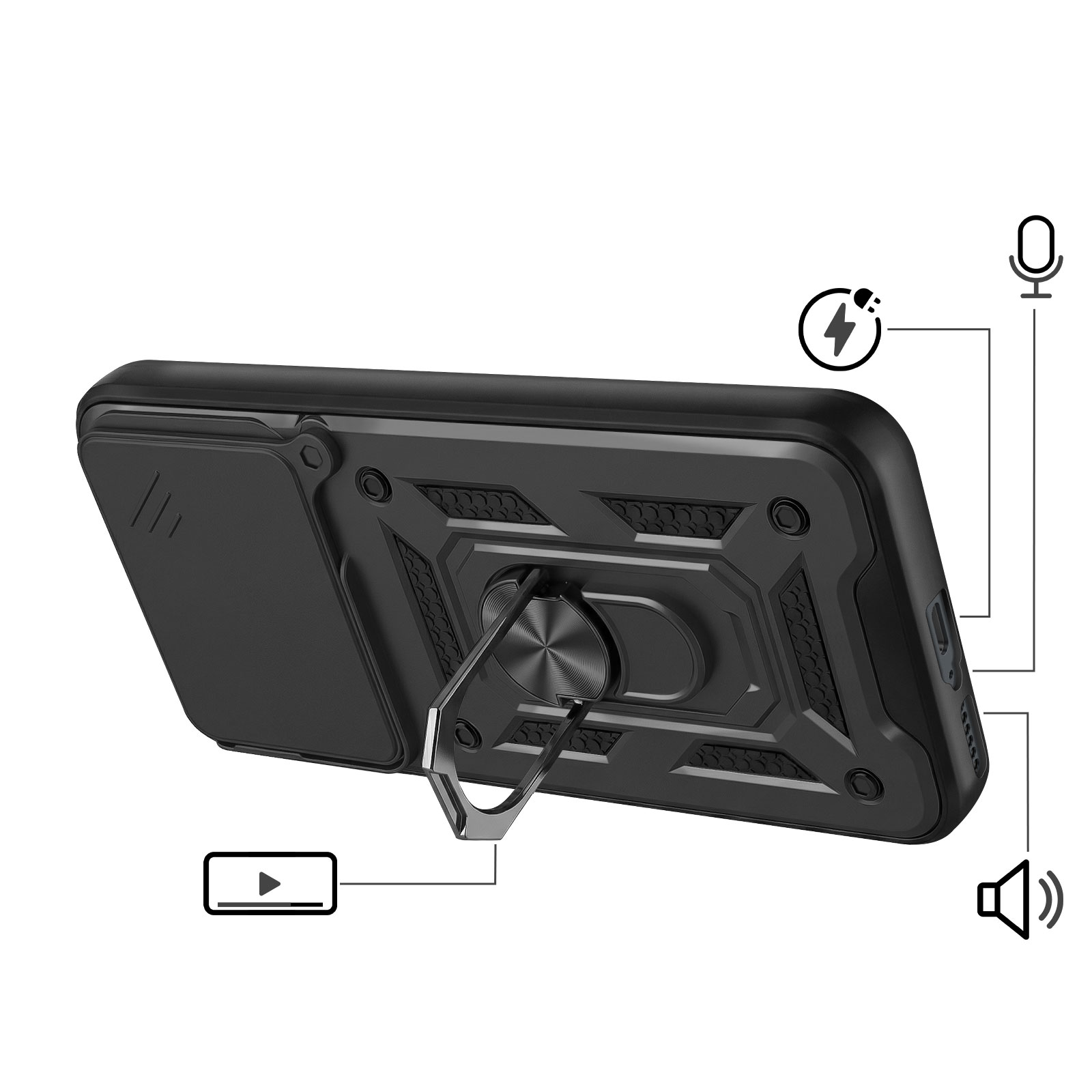 Coque de téléphone noire avec support anneau et icônes haut-parleur, micro, batterie.