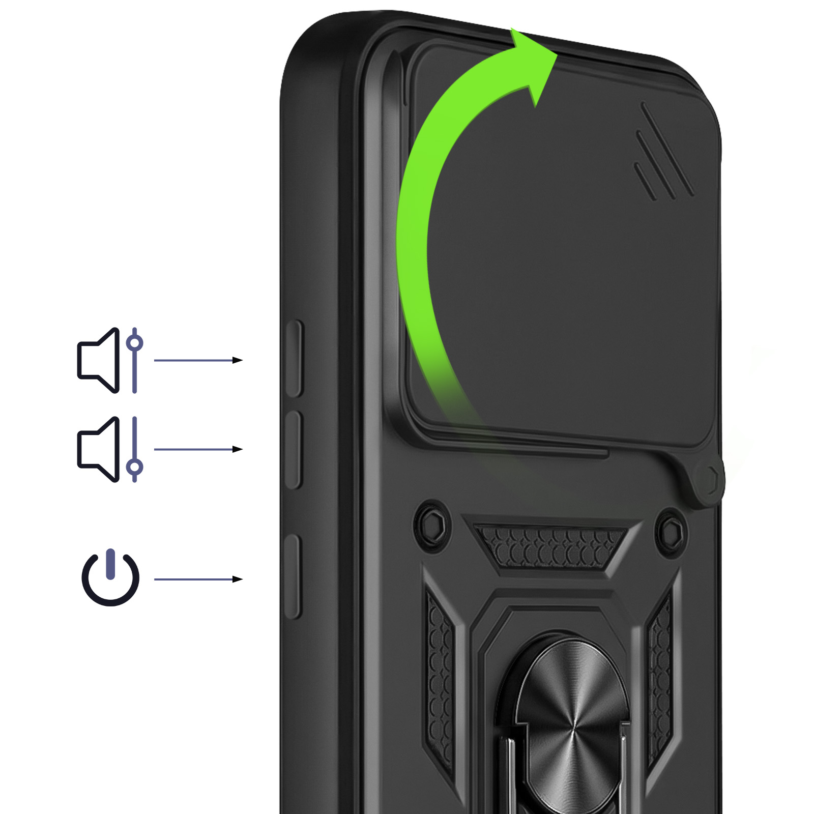 Coque de téléphone noire avec icônes de volume et d'alimentation.