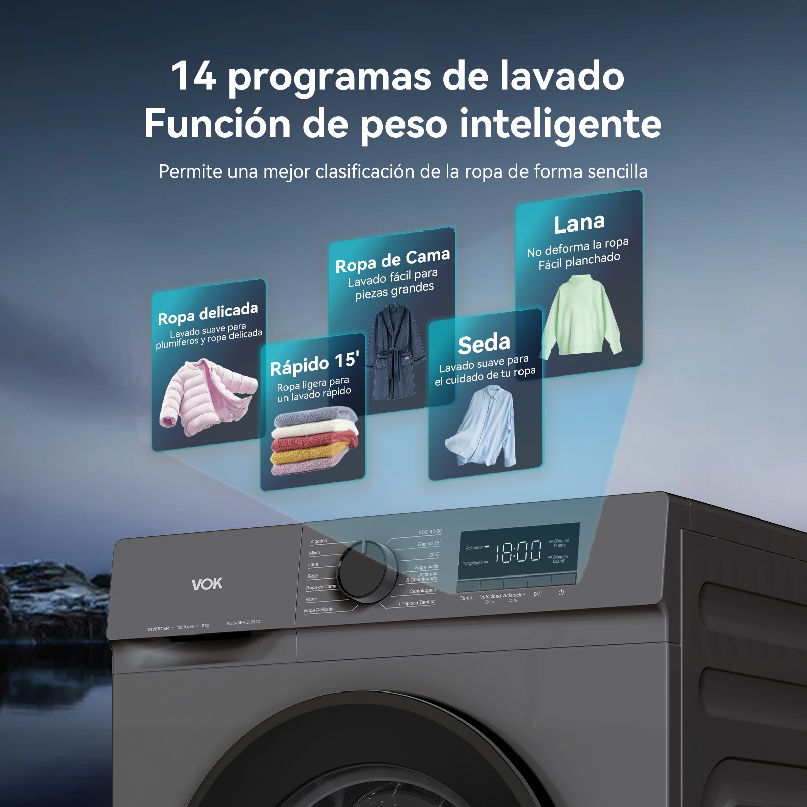 Lavadora gris con panel de control mostrando programas de lavado como Lana y Seda.