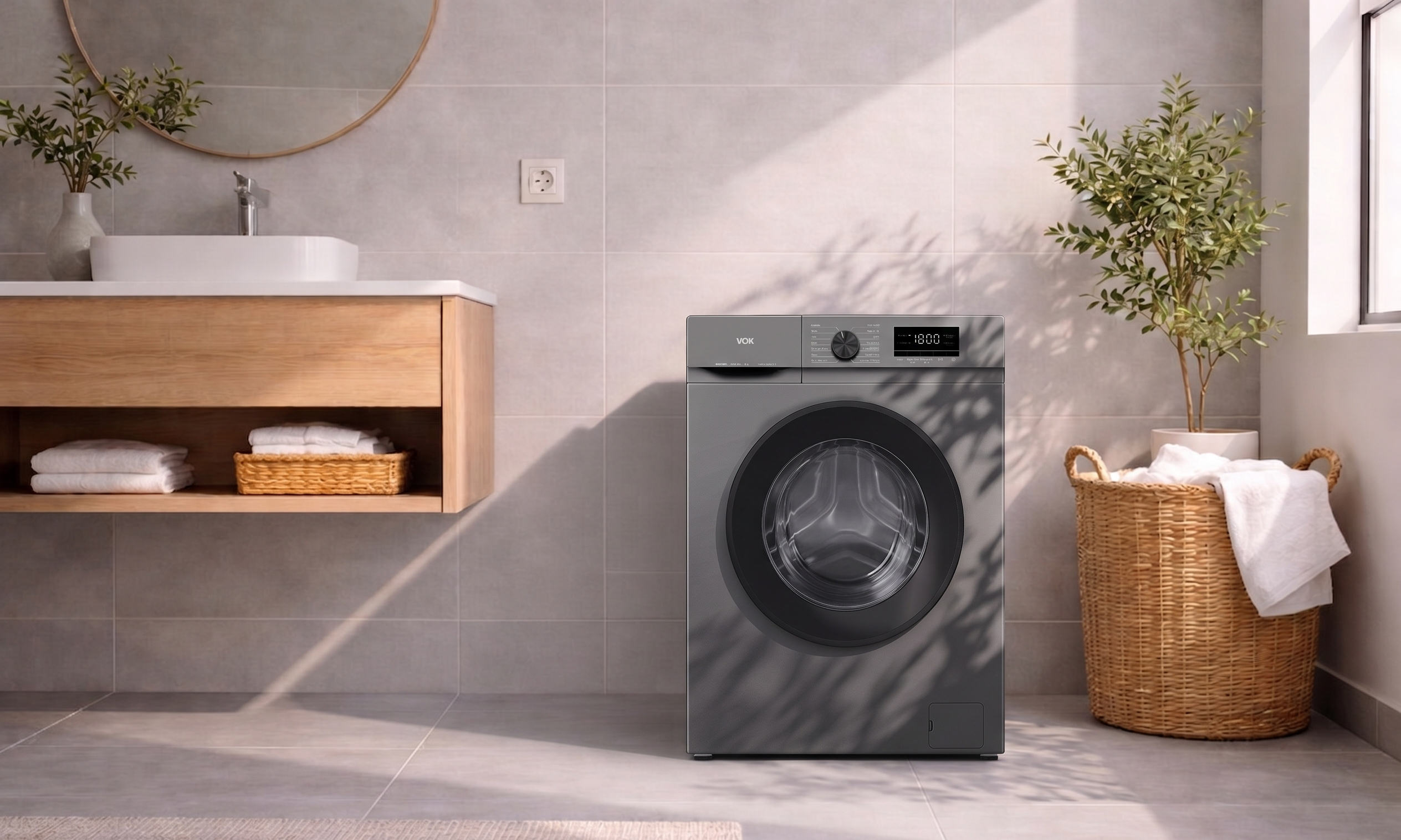 Una lavadora gris junto a una cesta de ropa. A la izquierda, un lavabo con espejo.