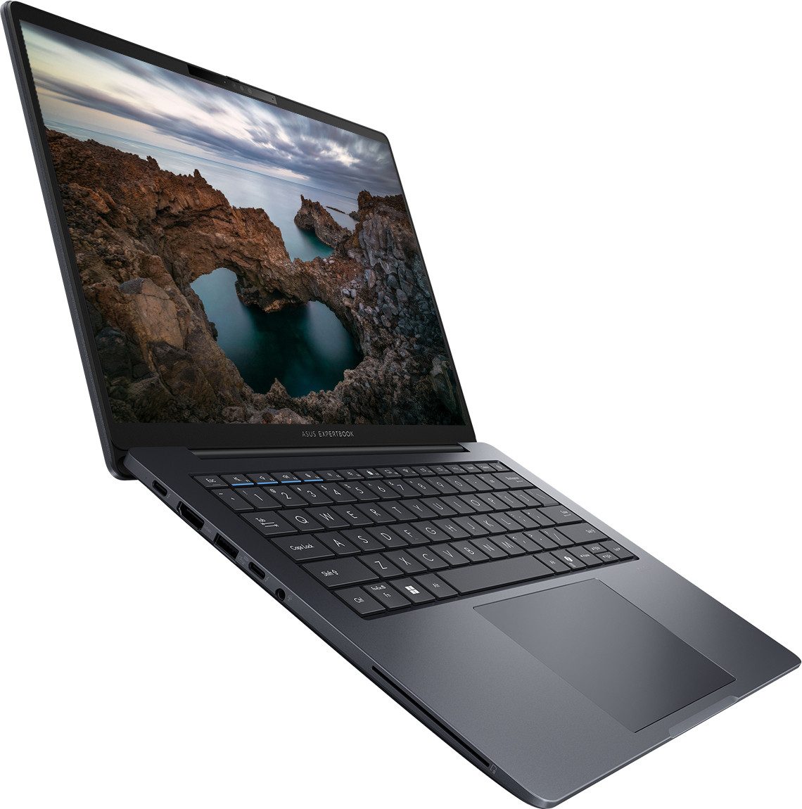 Koyu gri ASUS dizüstü bilgisayar açık, ekranında manzaralı bir manzara gösteriyor.