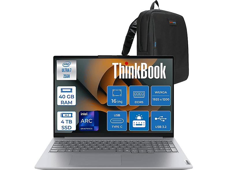 LENOVO ThinkBook 16 G8 IAL DDR5 WUXGA IPS 21SK007UTXF26 Intel Core Ultra 7 255H 40 GB RAM 4 TB SSD 16 inç FreeDOS Laptop+Çanta Gri