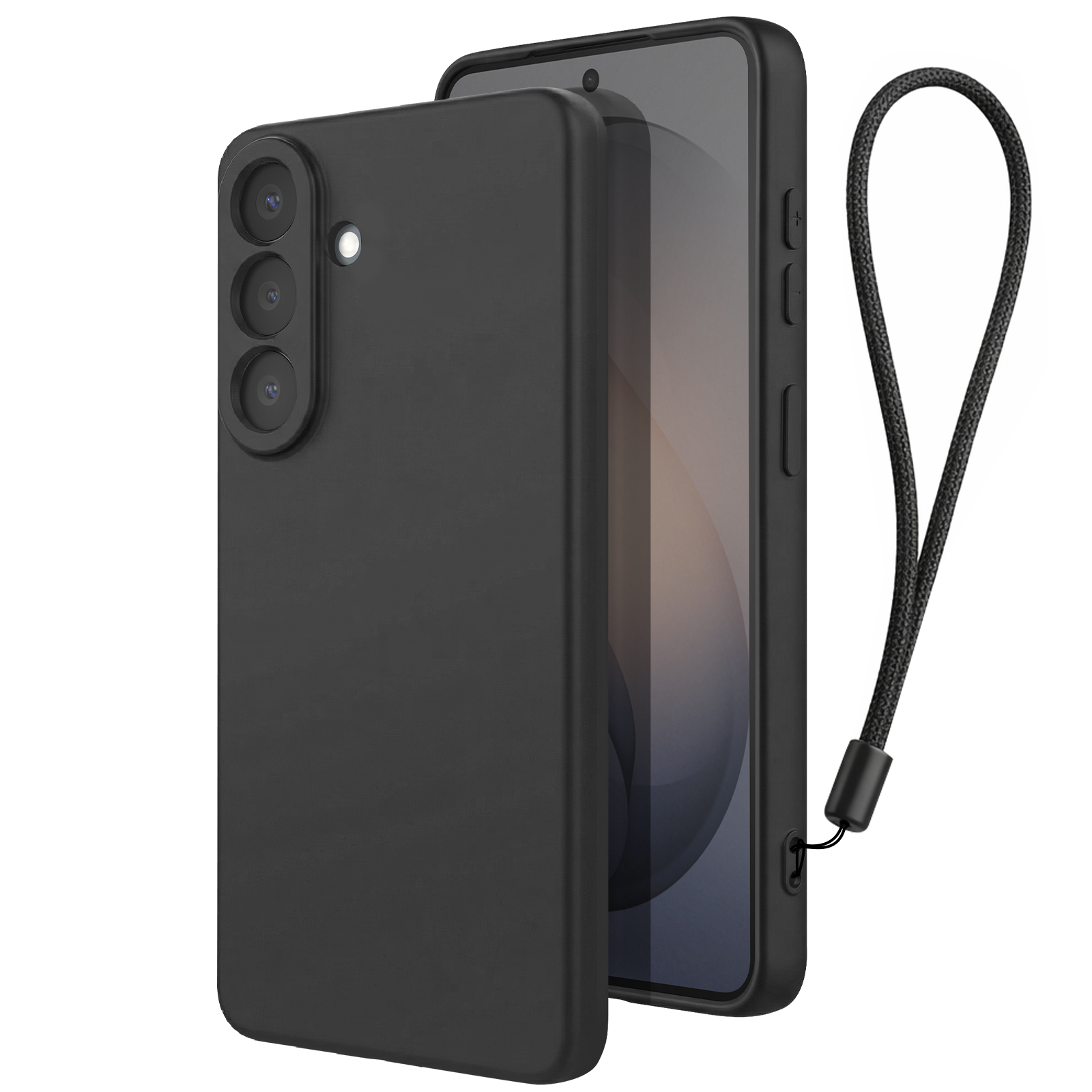 Coque de téléphone noire avec triple appareil photo et lanière, sur un téléphone.