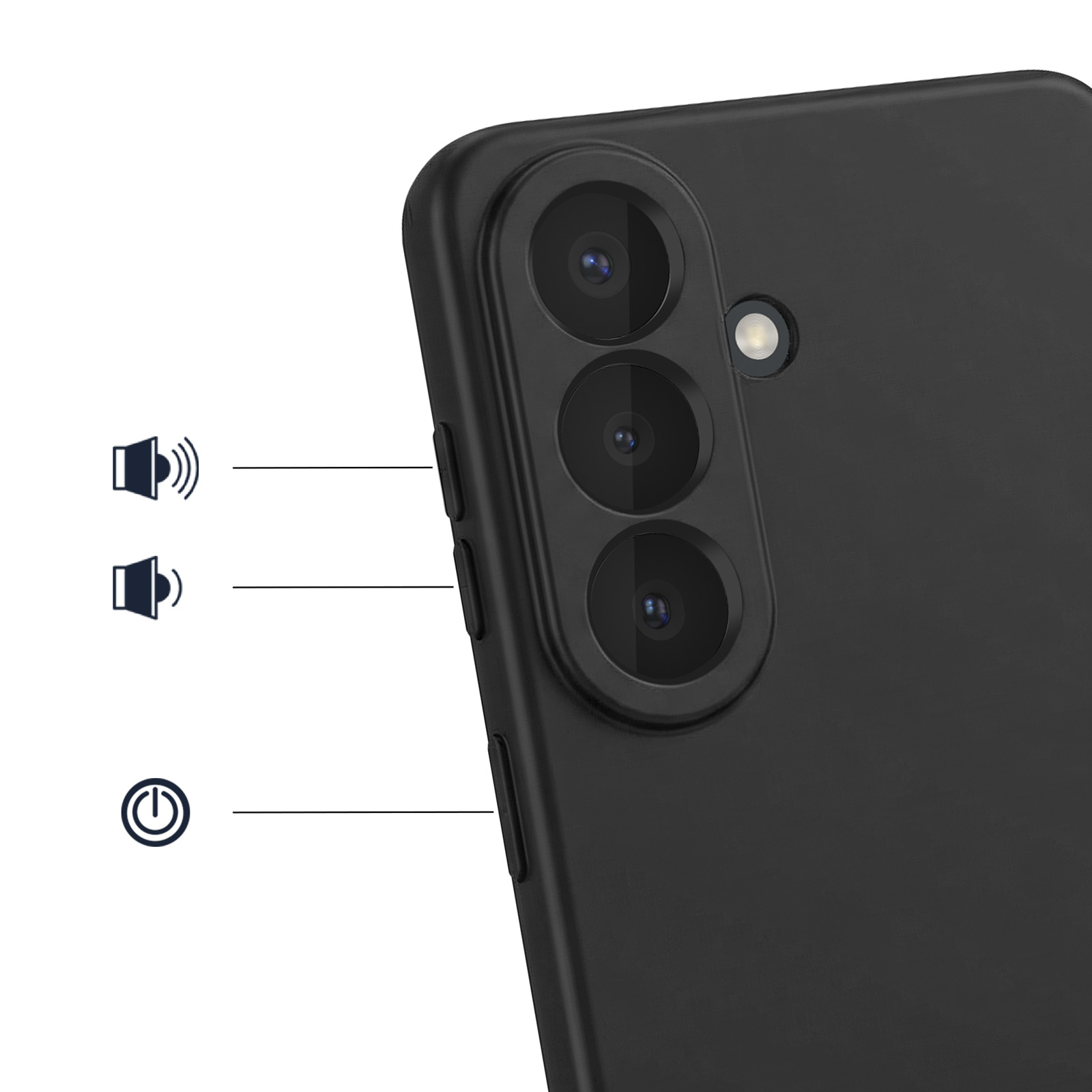 Smartphone noir avec trois caméras, flash et boutons de volume.