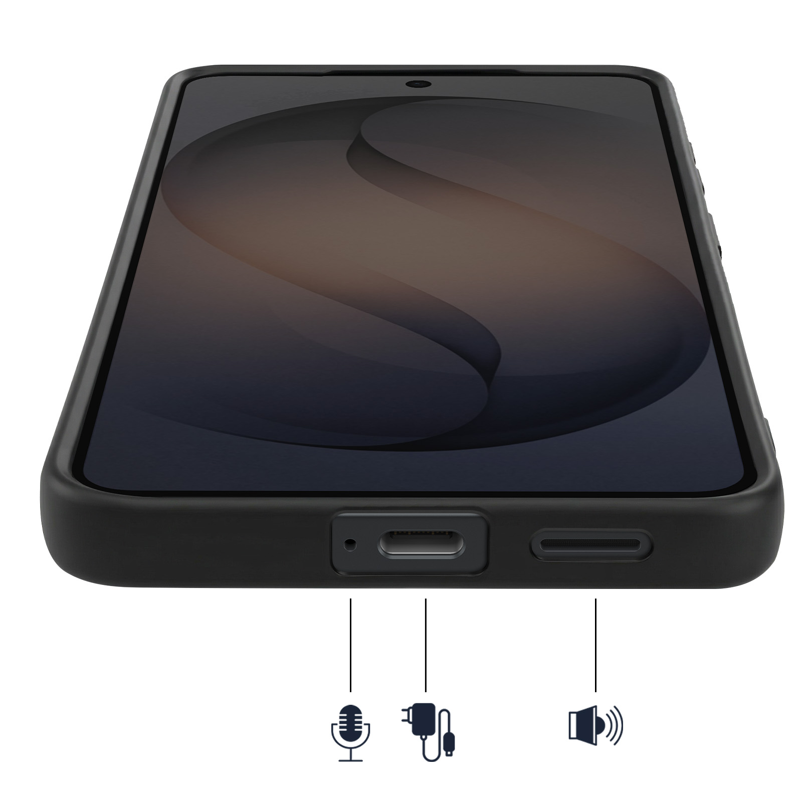 Smartphone noir avec port de charge, microphone et icônes de haut-parleur.