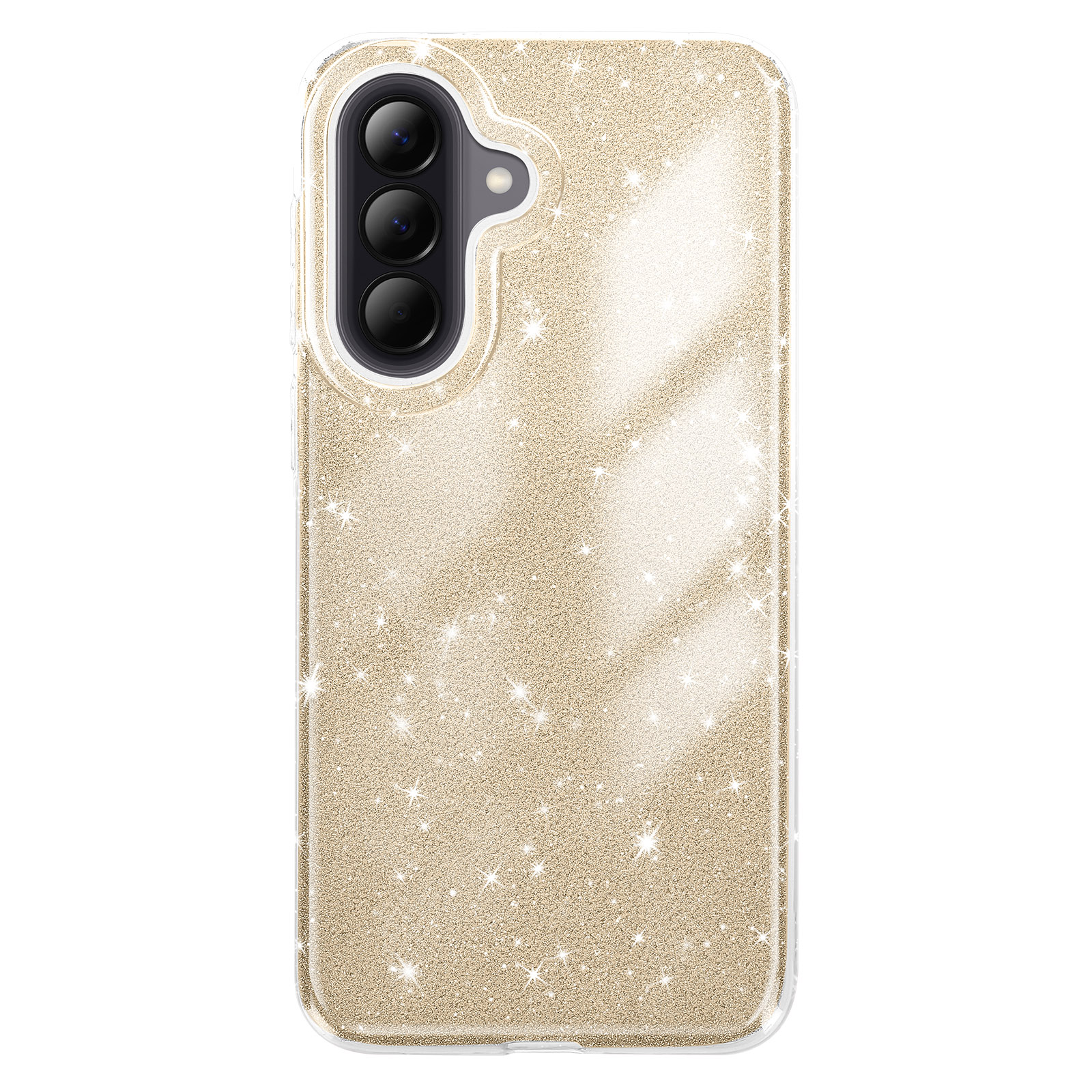 Gouden glitter telefoonhoesje met camera-uitsparing en sprankels.