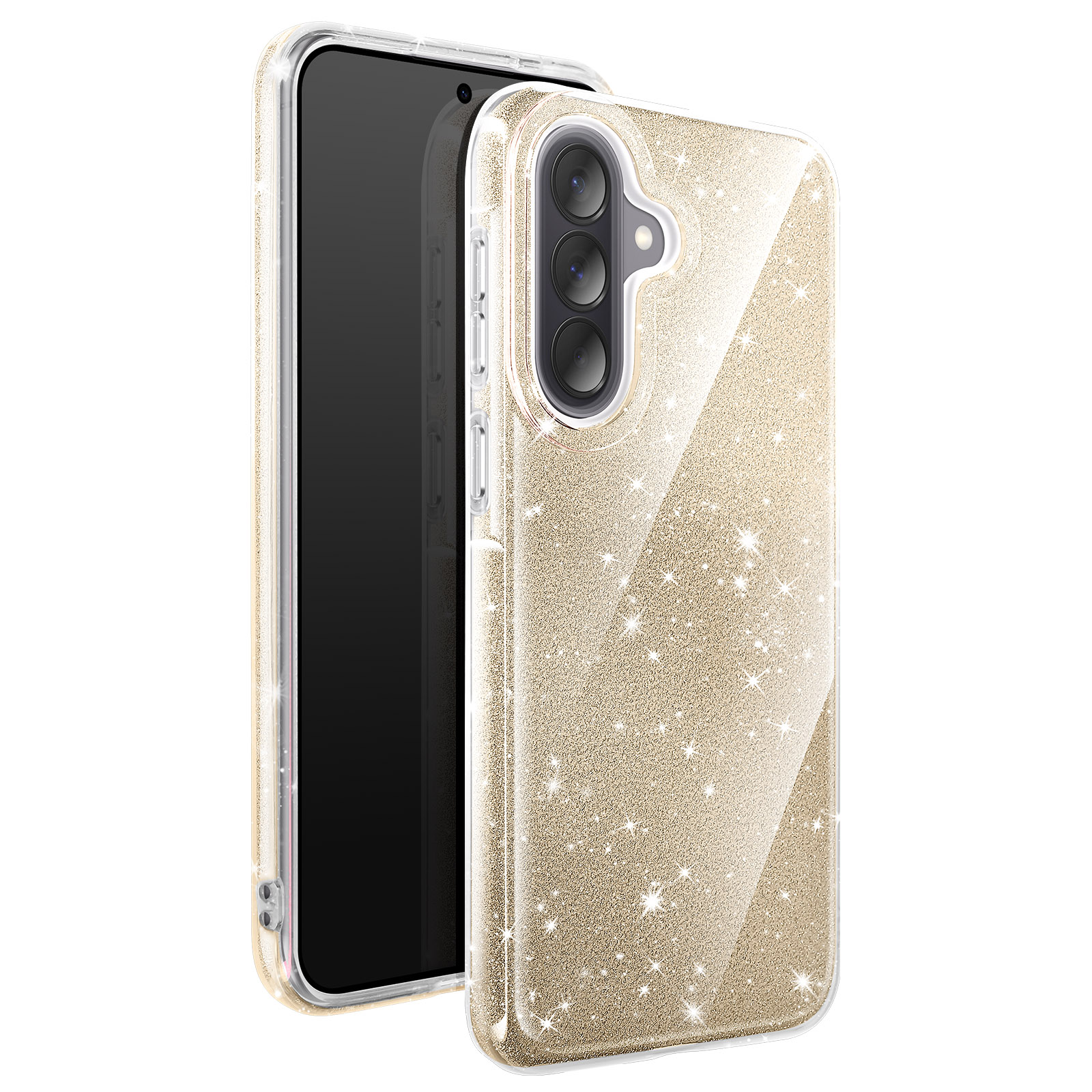 Gouden glitter telefoonhoesje met drie camera's aan de achterkant.